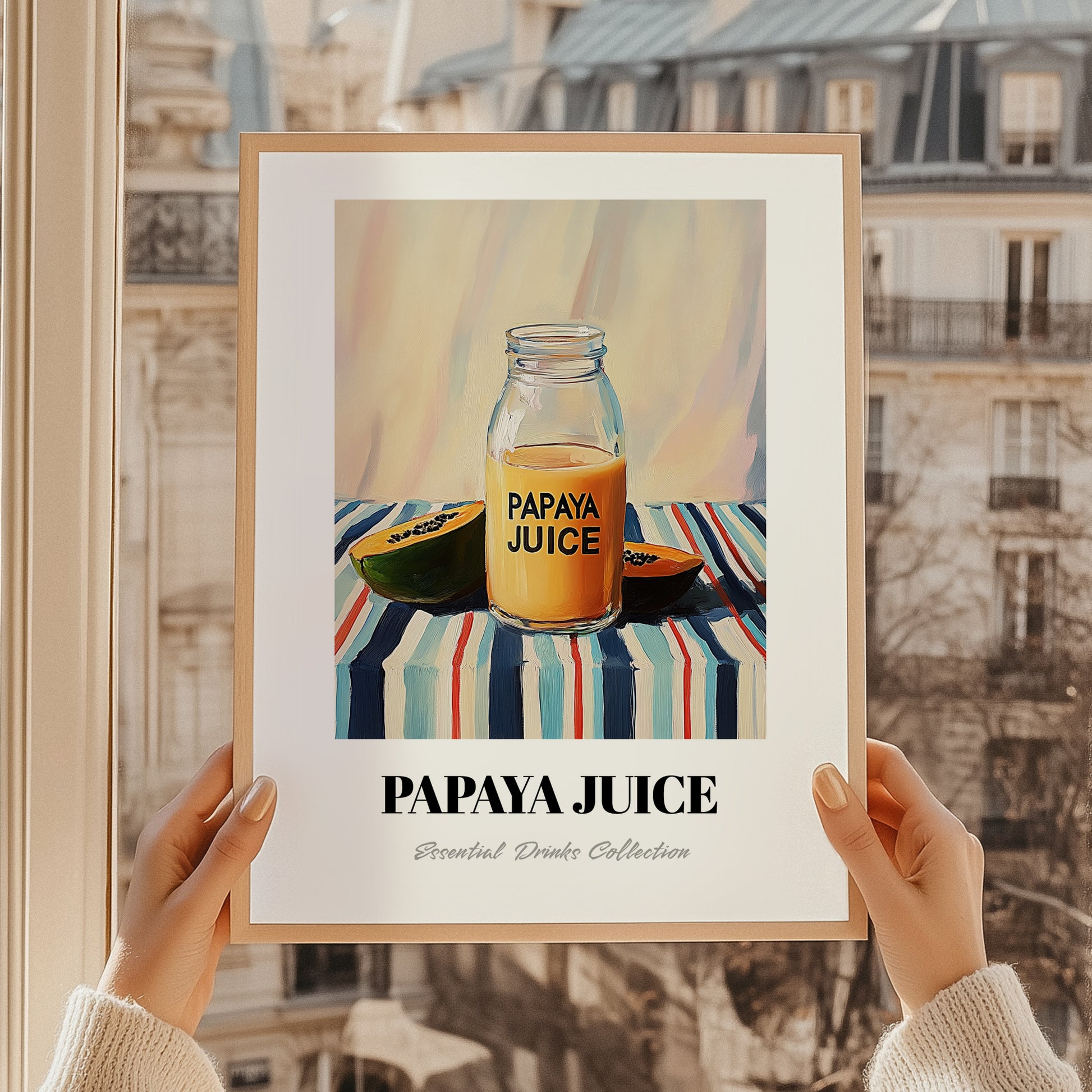Papaya Juice – on Striped Tablecloth, Lemonade Illustration, styled in a charming Paris street view