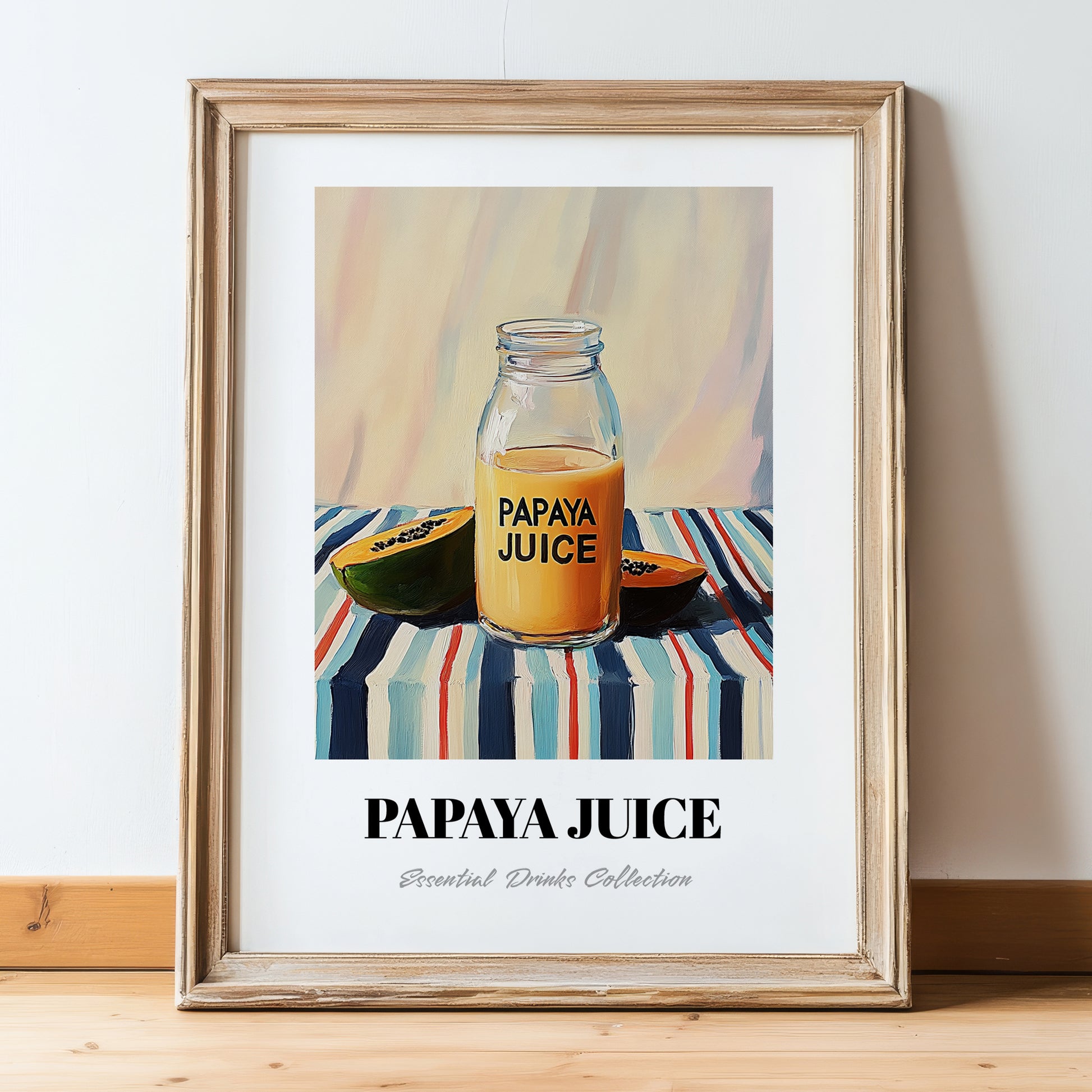 Papaya Juice – on Striped Tablecloth, Lemonade Illustration, in wooden frame leaning on the floor