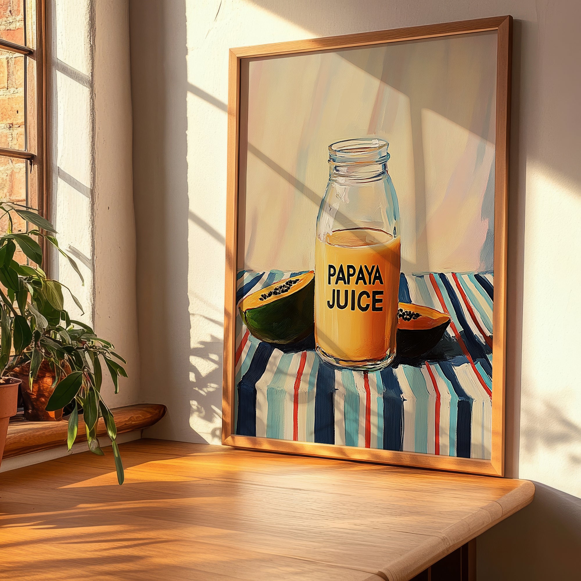 Papaya Juice – on Striped Tablecloth, Lemonade Illustration, clean layout with no caption