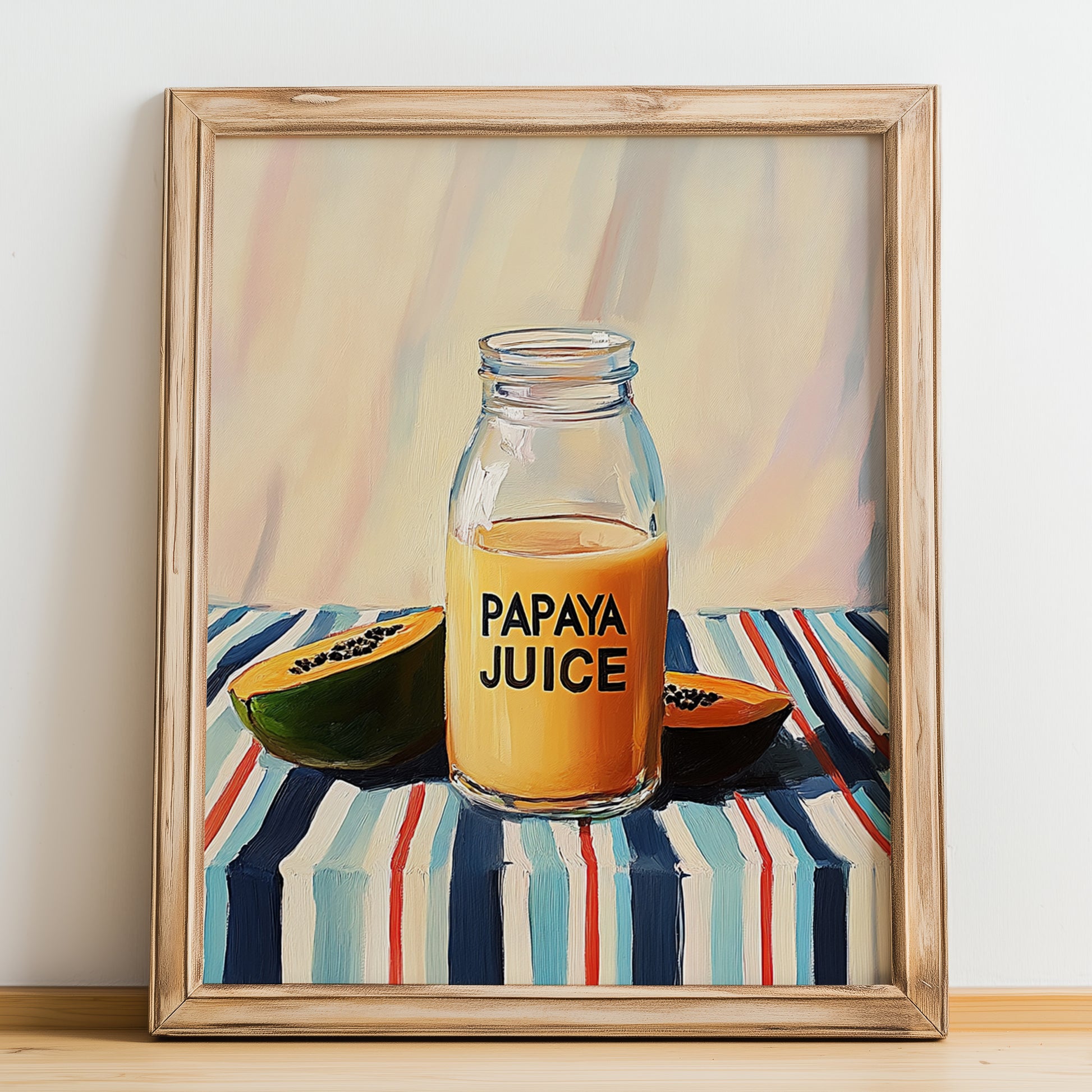 Papaya Juice – on Striped Tablecloth, Lemonade Illustration, no-text version framed in wood