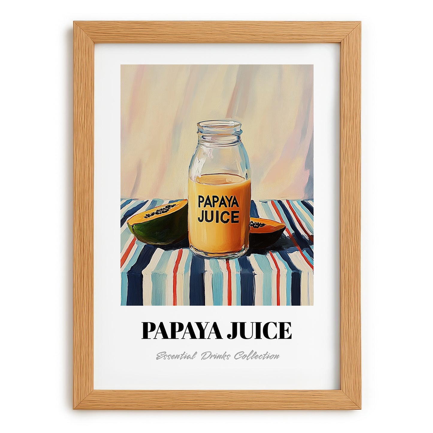 Papaya Juice – on Striped Tablecloth, Lemonade Illustration, set in oak frame
