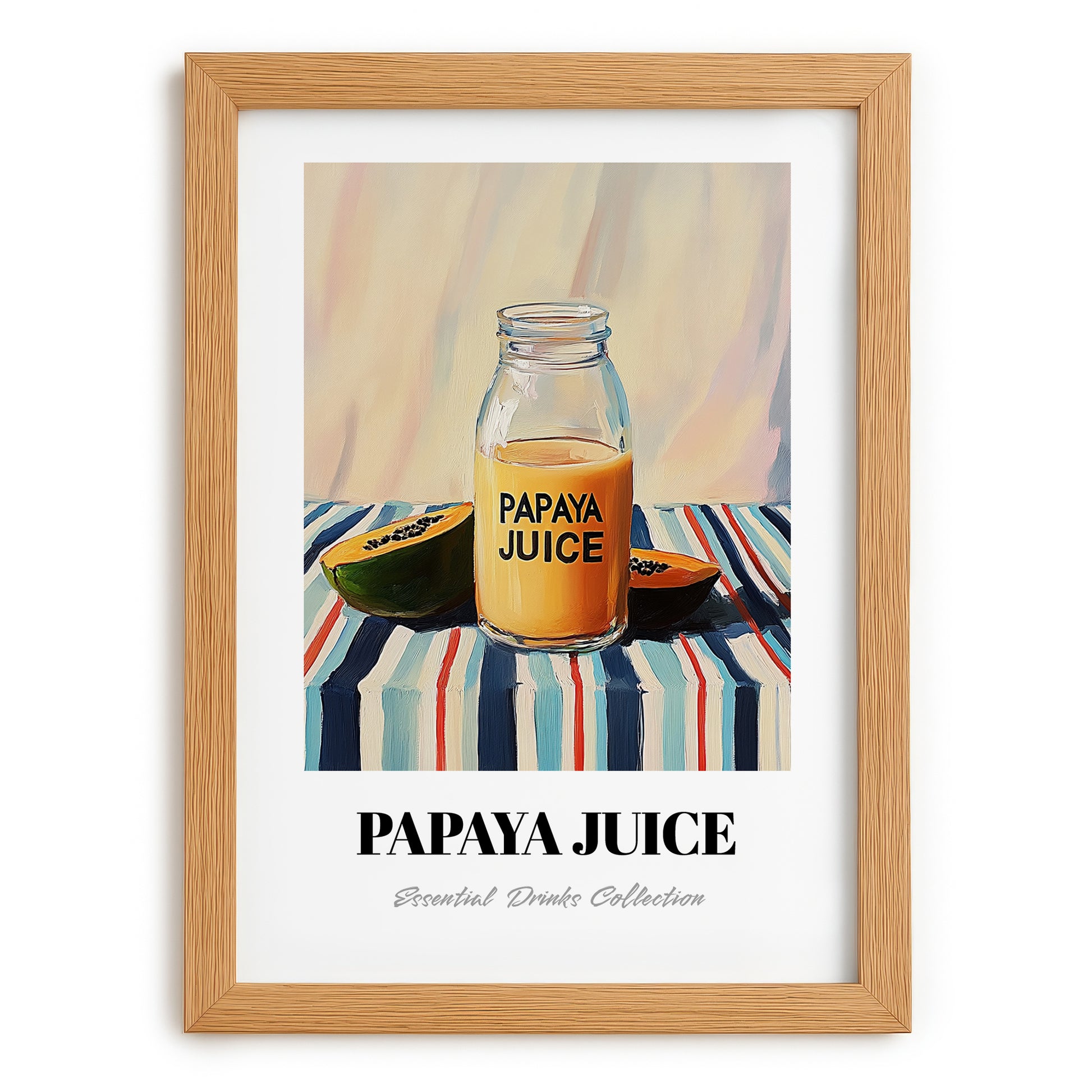 Papaya Juice – on Striped Tablecloth, Lemonade Illustration, set in oak frame