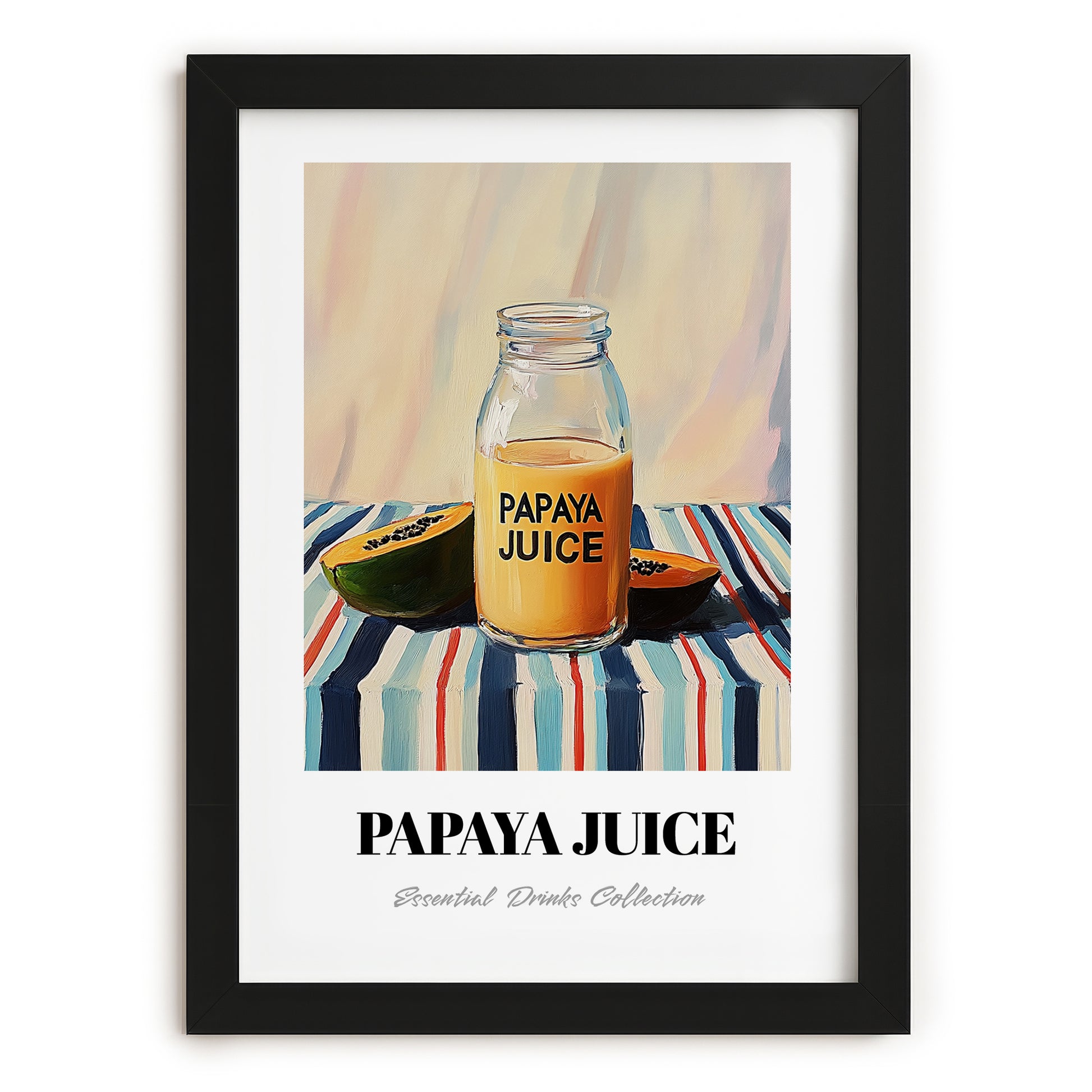 Papaya Juice – on Striped Tablecloth, Lemonade Illustration, in sleek black frame