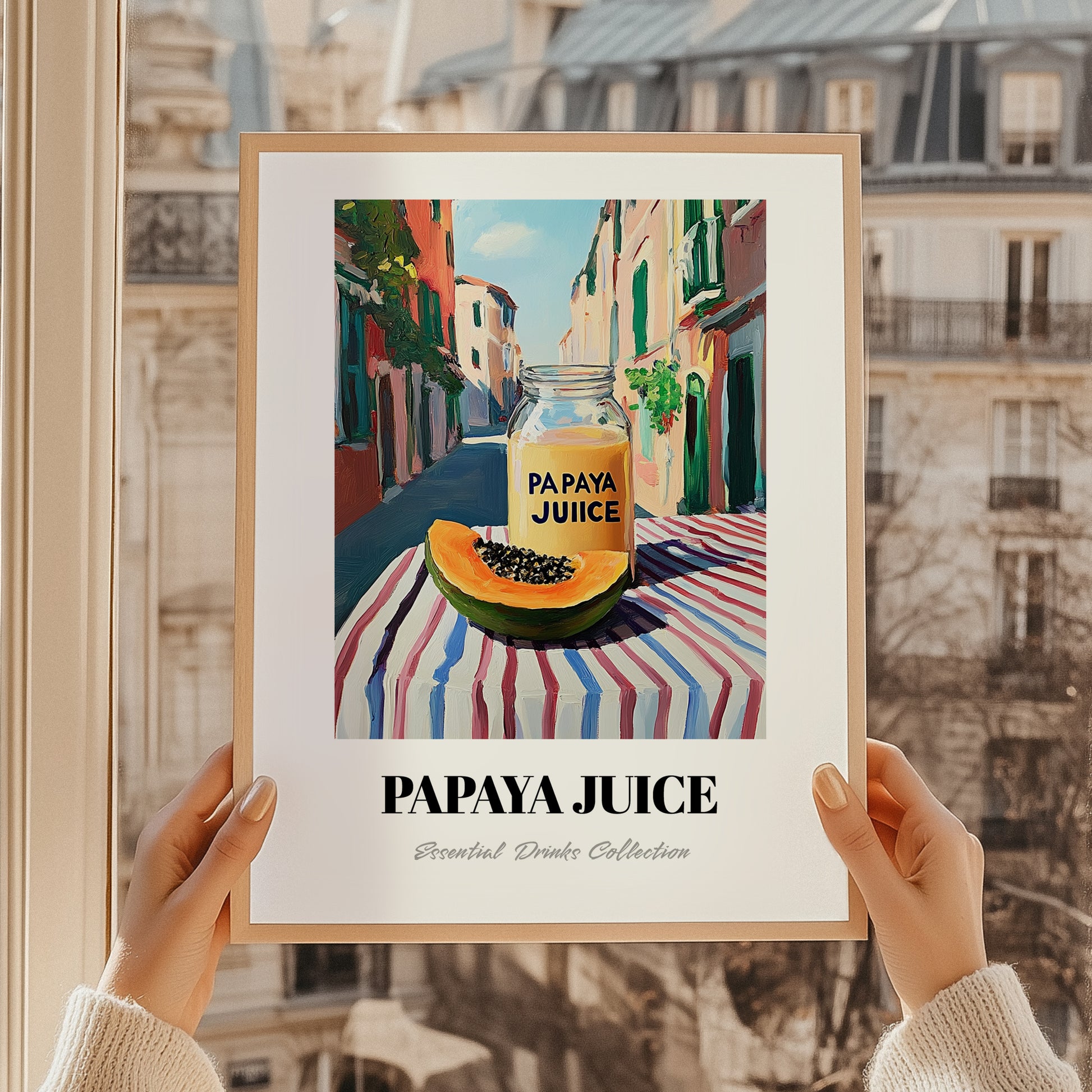 Papaya Juice – Italian Urban Café Scene, Lemonade Wall Art, styled in a charming Paris street view