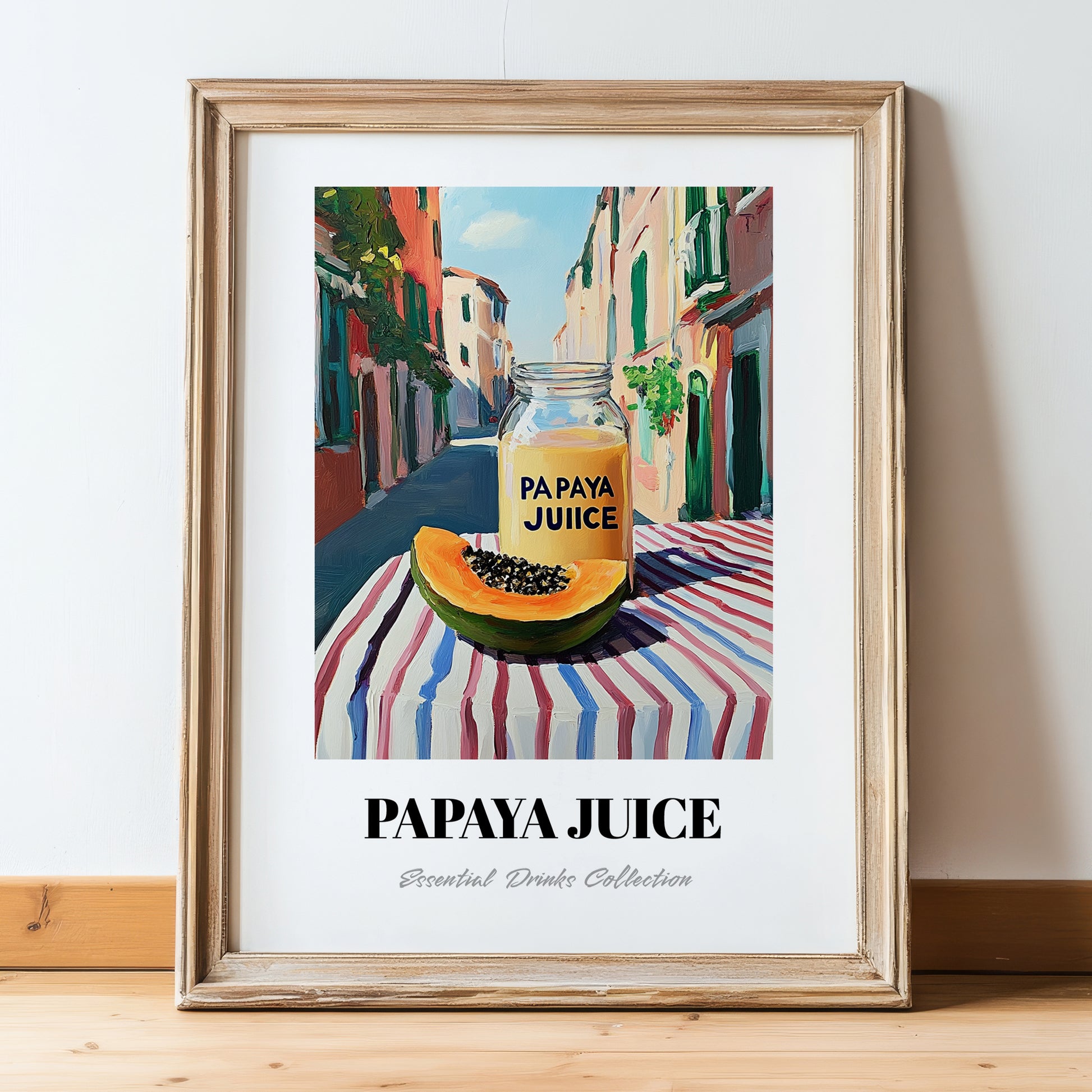 Papaya Juice – Italian Urban Café Scene, Lemonade Wall Art, in wooden frame leaning on the floor
