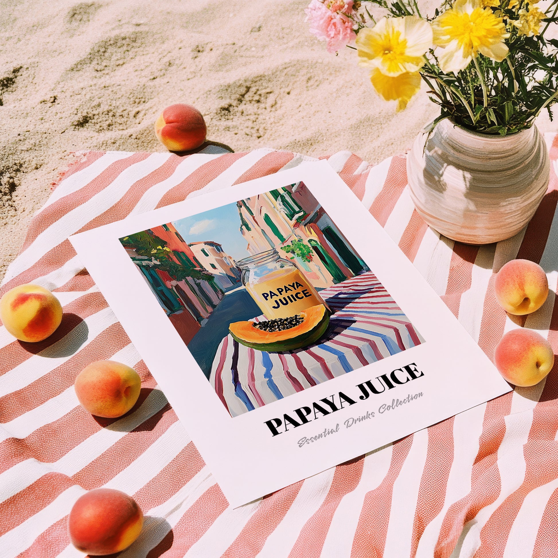Papaya Juice – Italian Urban Café Scene, Lemonade Wall Art, unframed on coastal sand