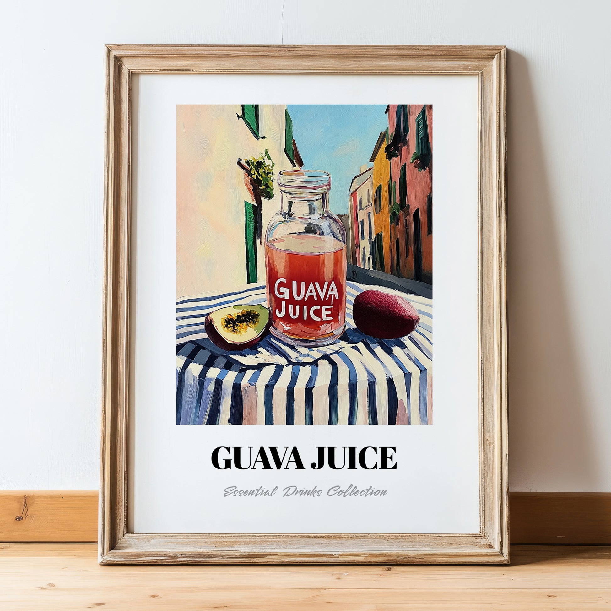 Guava Juice – Italian Urban Café Scene, Lemonade Print, in wooden frame leaning on the floor