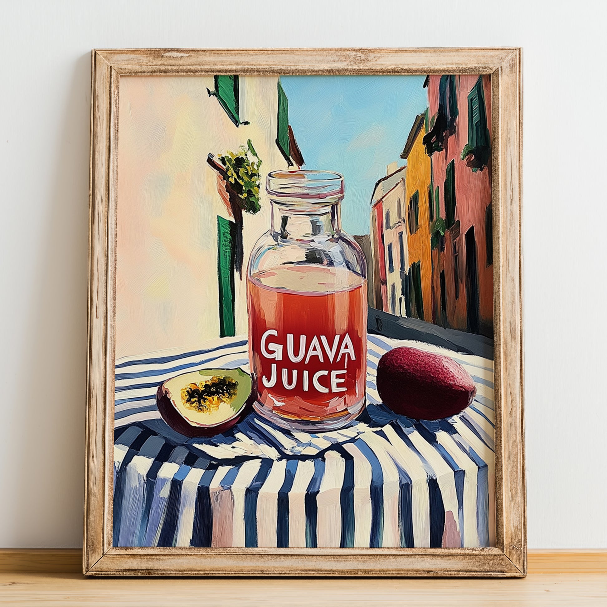 Guava Juice – Italian Urban Café Scene, Lemonade Print, no-text version framed in wood