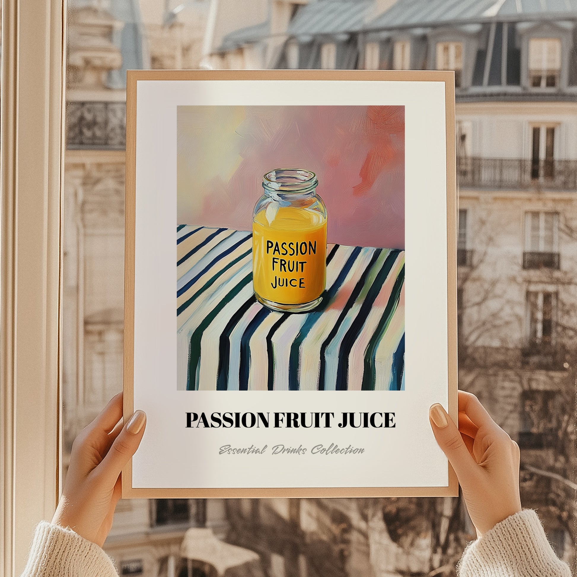 Passion Fruit Juice – on Striped Tablecloth, Lemonade Art, styled in a charming Paris street view