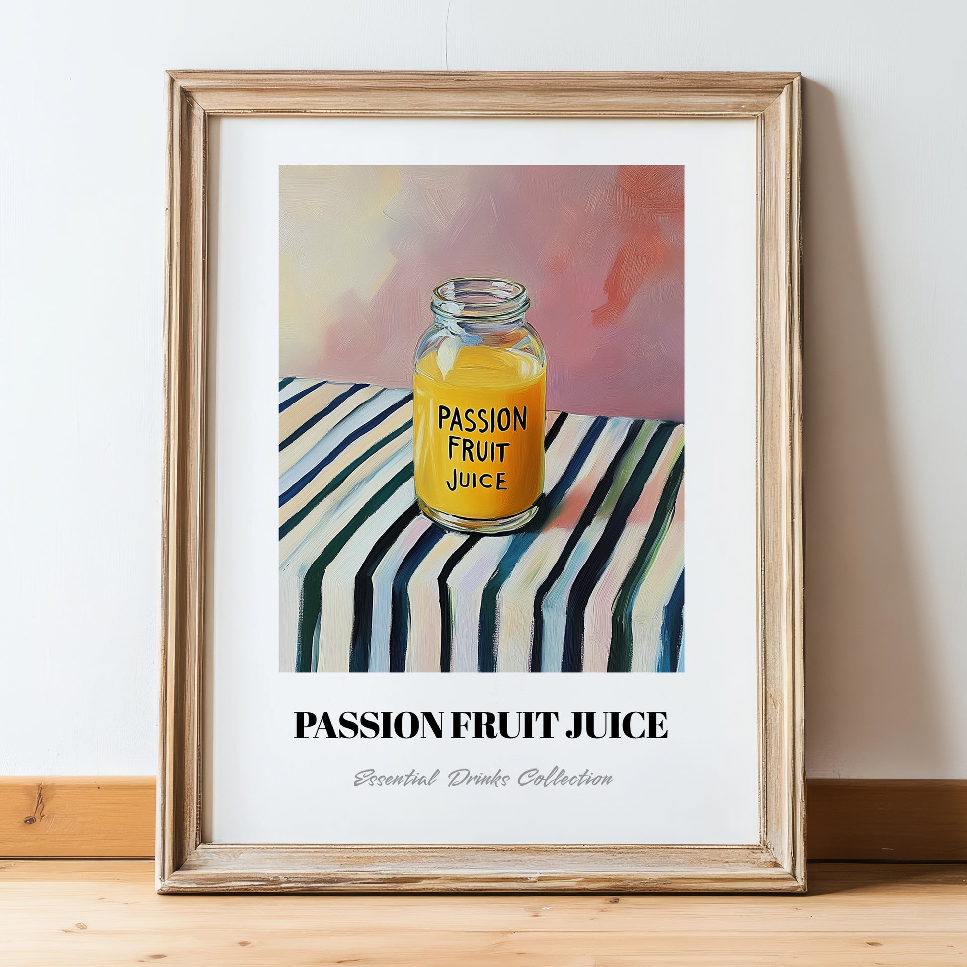 Passion Fruit Juice – on Striped Tablecloth, Lemonade Art, in wooden frame leaning on the floor
