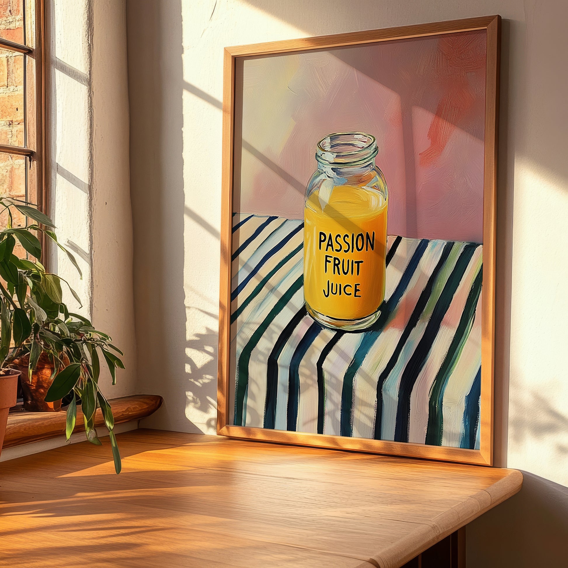 Passion Fruit Juice – on Striped Tablecloth, Lemonade Art, clean layout with no caption