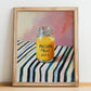 Passion Fruit Juice – on Striped Tablecloth, Lemonade Art, no-text version framed in wood