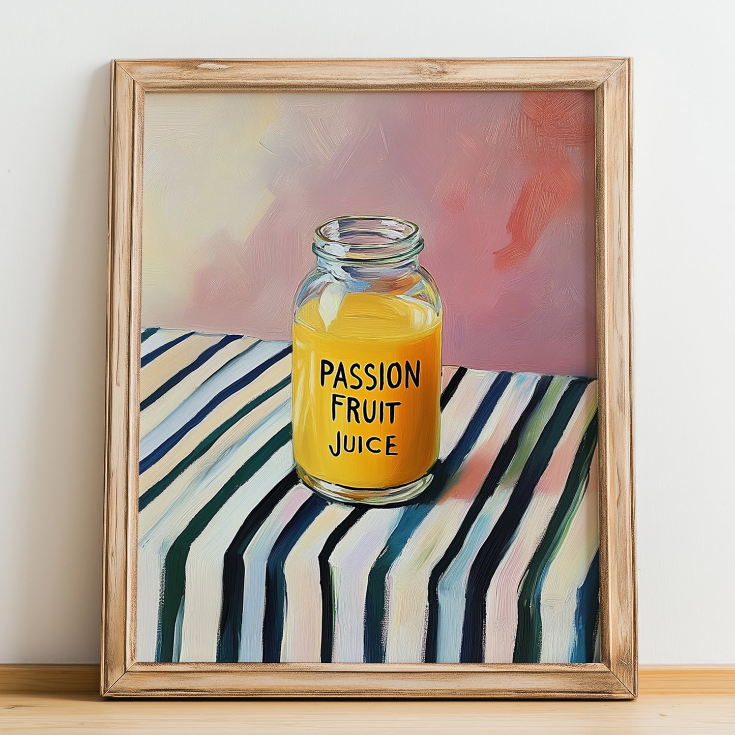 Passion Fruit Juice – on Striped Tablecloth, Lemonade Art, no-text version framed in wood