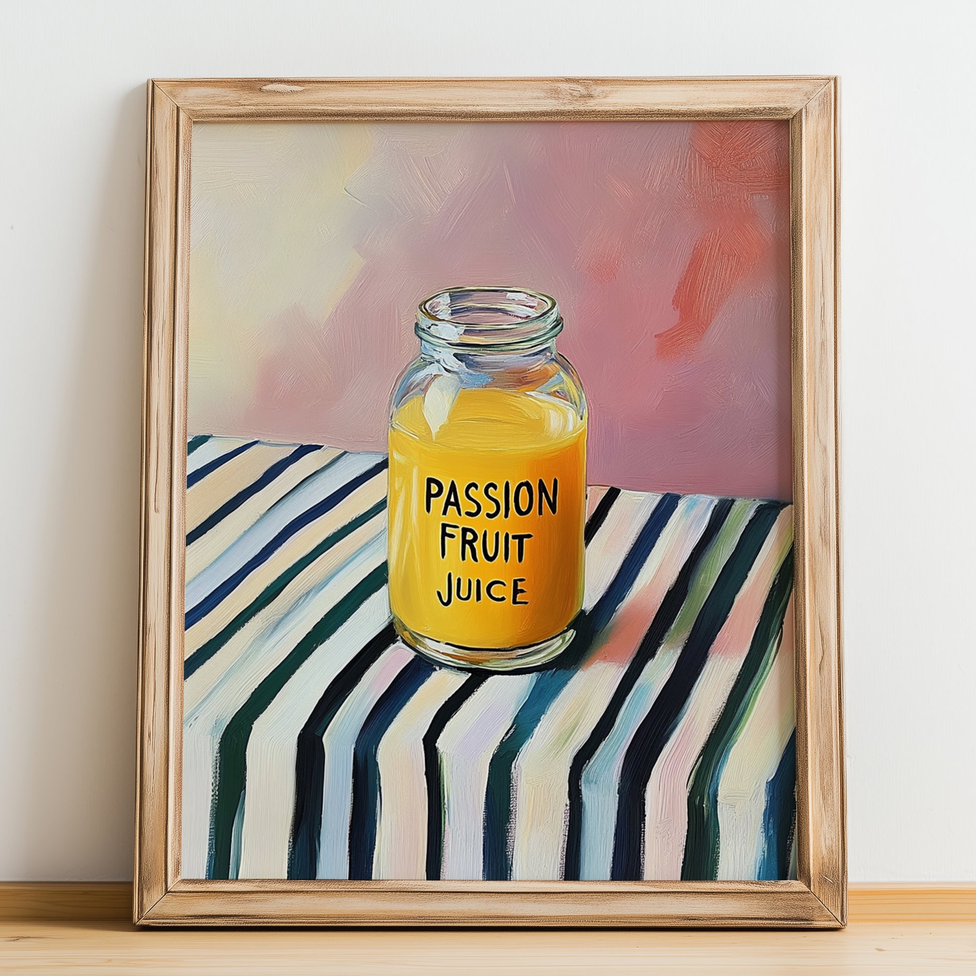 Passion Fruit Juice – on Striped Tablecloth, Lemonade Art, no-text version framed in wood