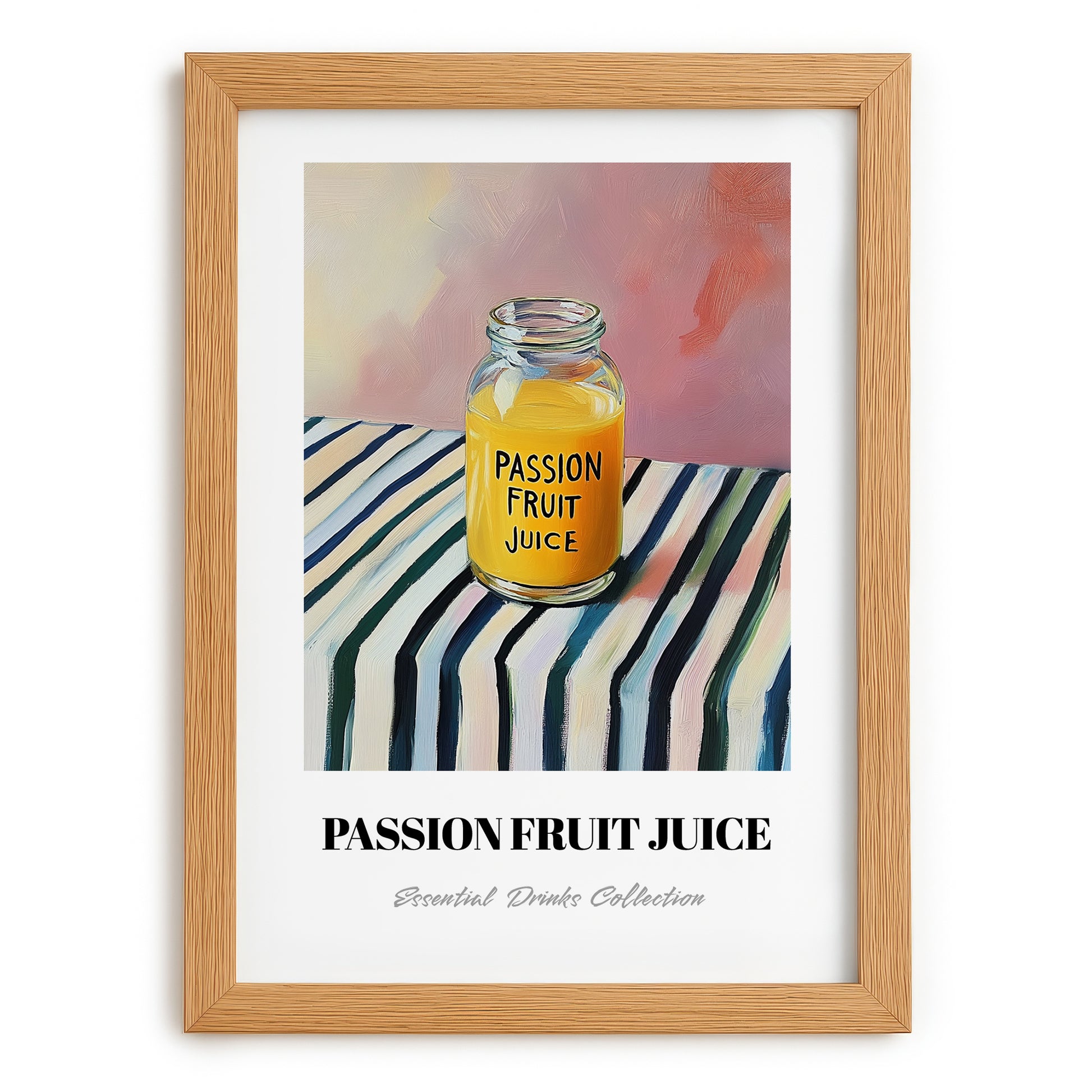 Passion Fruit Juice – on Striped Tablecloth, Lemonade Art, set in oak frame