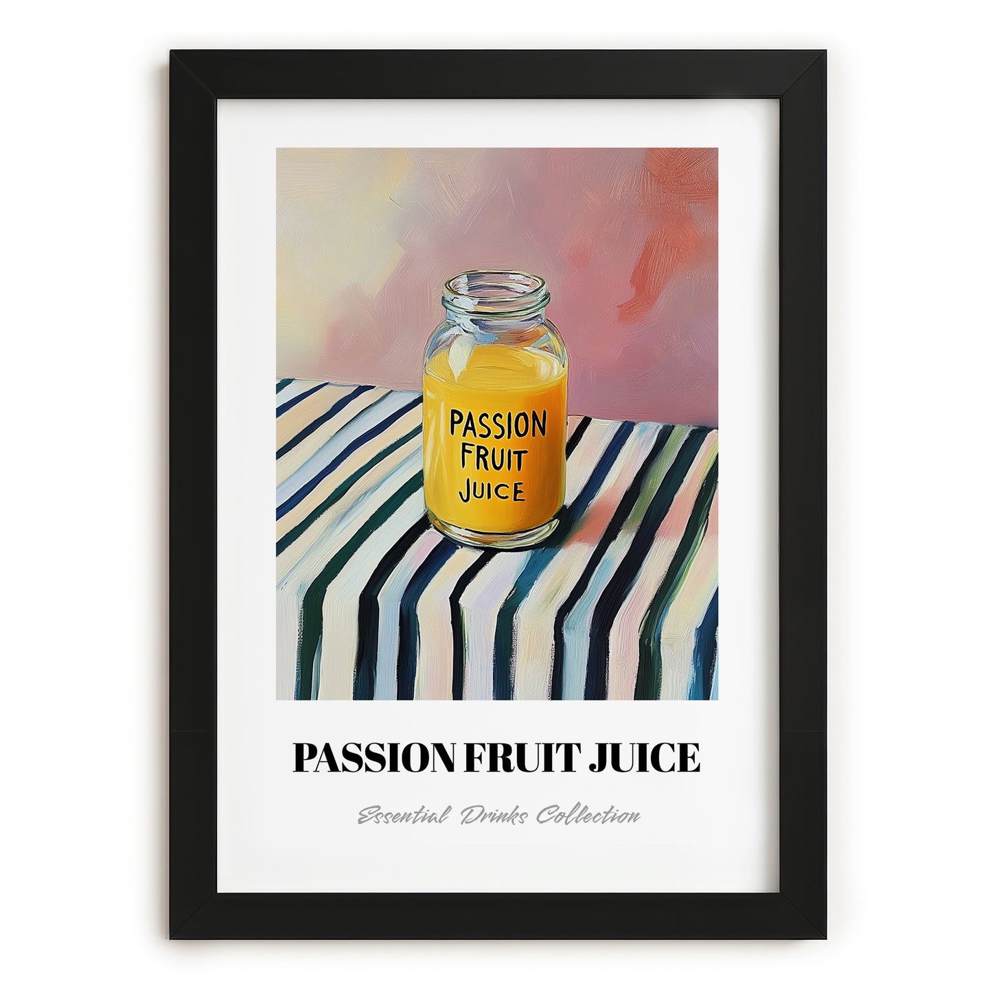 Passion Fruit Juice – on Striped Tablecloth, Lemonade Art, in sleek black frame