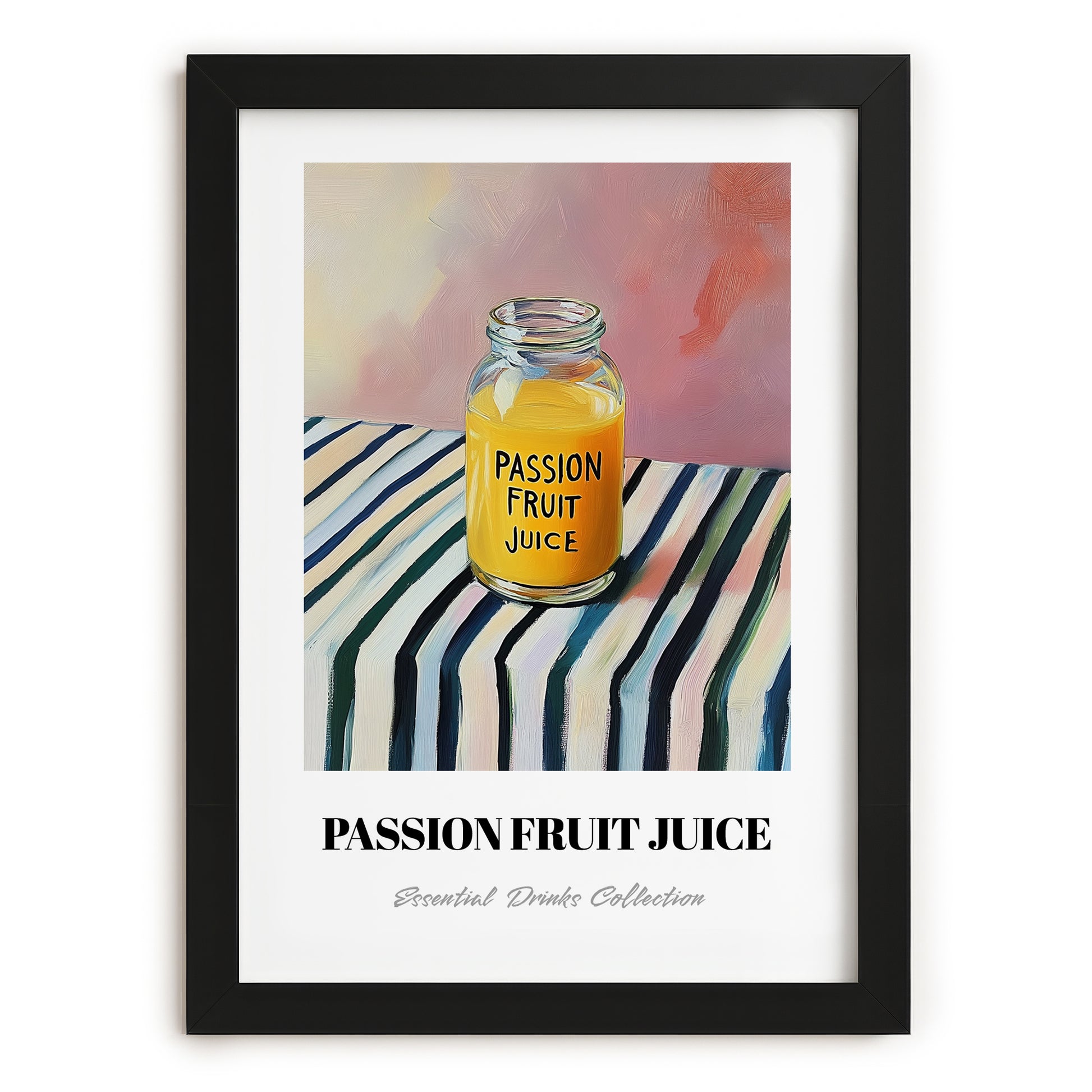 Passion Fruit Juice – on Striped Tablecloth, Lemonade Art, in sleek black frame