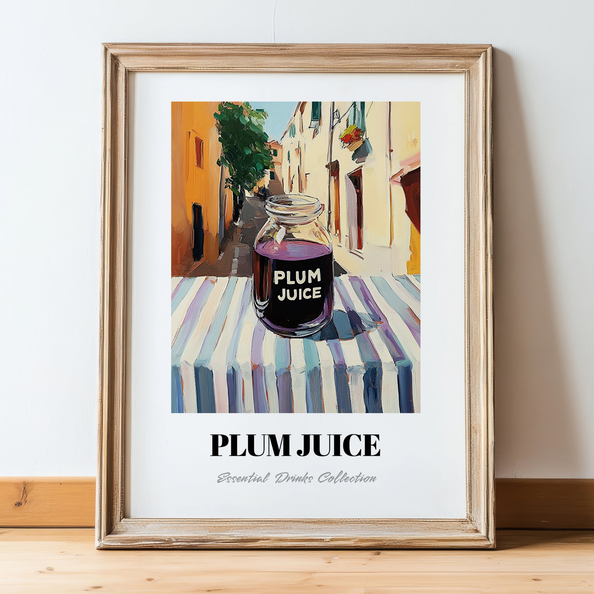 Plum Juice – Italian Street Café Scene, Lemonade Wall Art, in wooden frame leaning on the floor