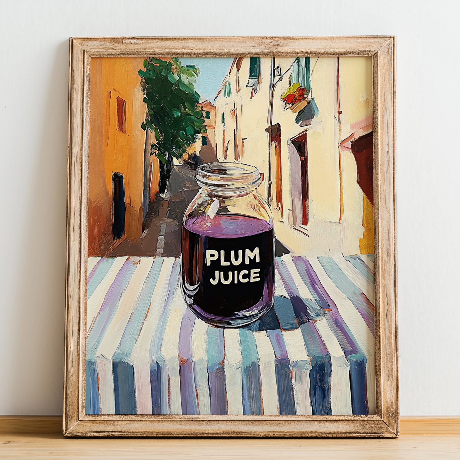 Plum Juice – Italian Street Café Scene, Lemonade Wall Art, no-text version framed in wood