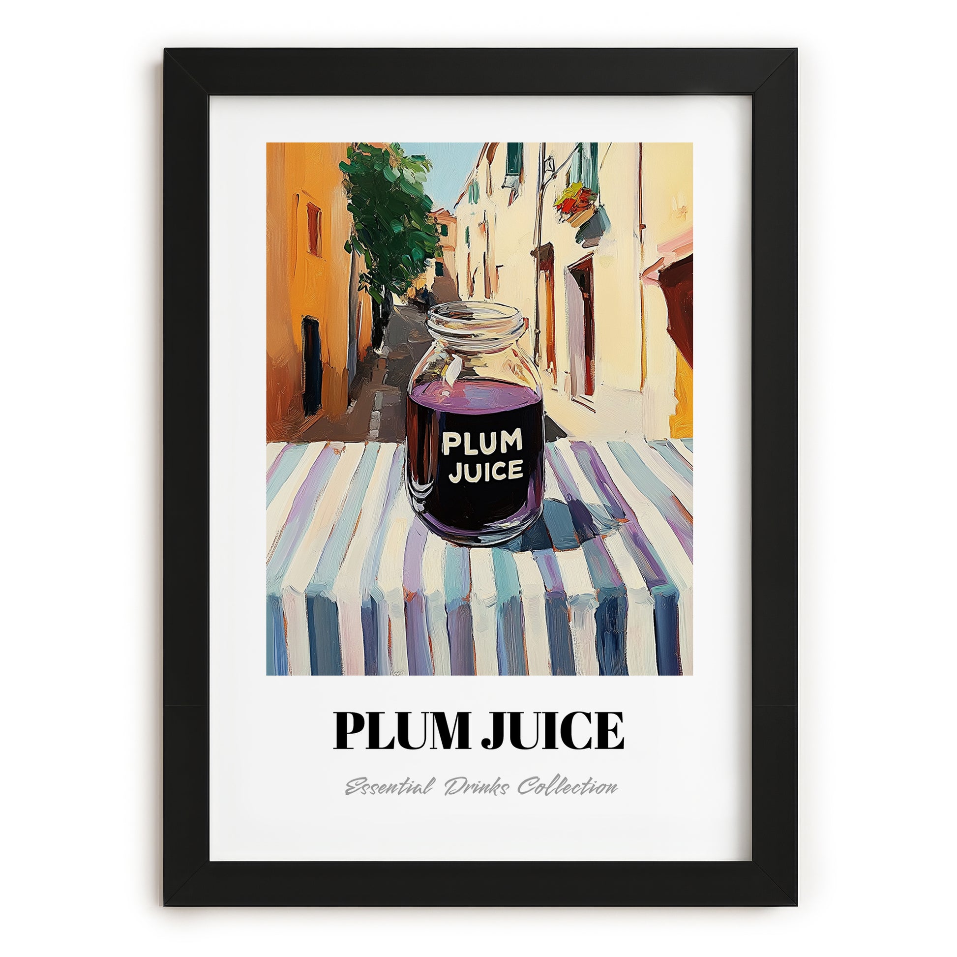 Plum Juice – Italian Street Café Scene, Lemonade Wall Art, in sleek black frame