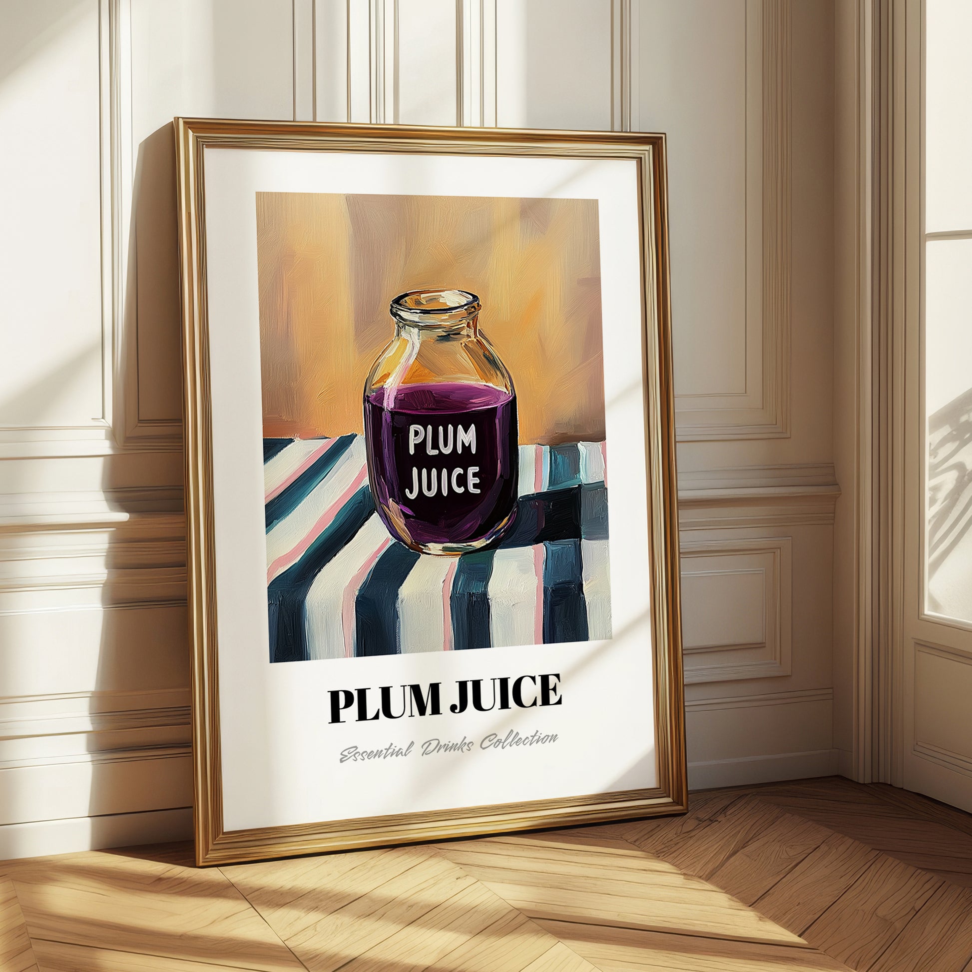 Plum Juice – on Striped Tablecloth, Lemonade Still Life