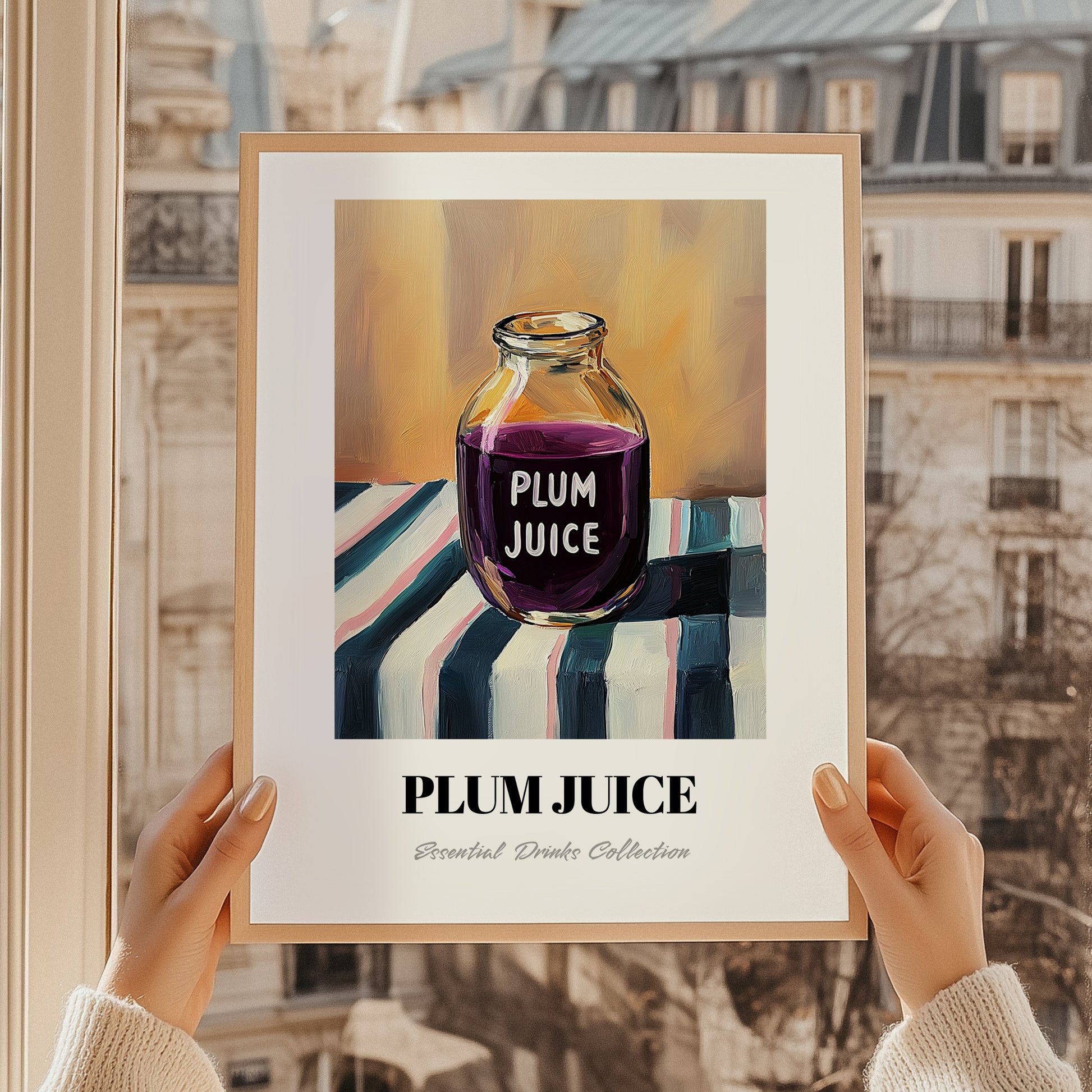 Plum Juice – on Striped Tablecloth, Lemonade Still Life, styled in a charming Paris street view