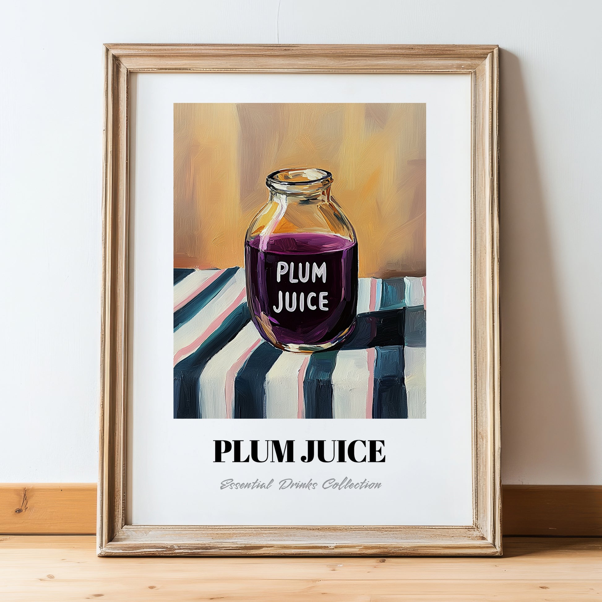 Plum Juice – on Striped Tablecloth, Lemonade Still Life, in wooden frame leaning on the floor