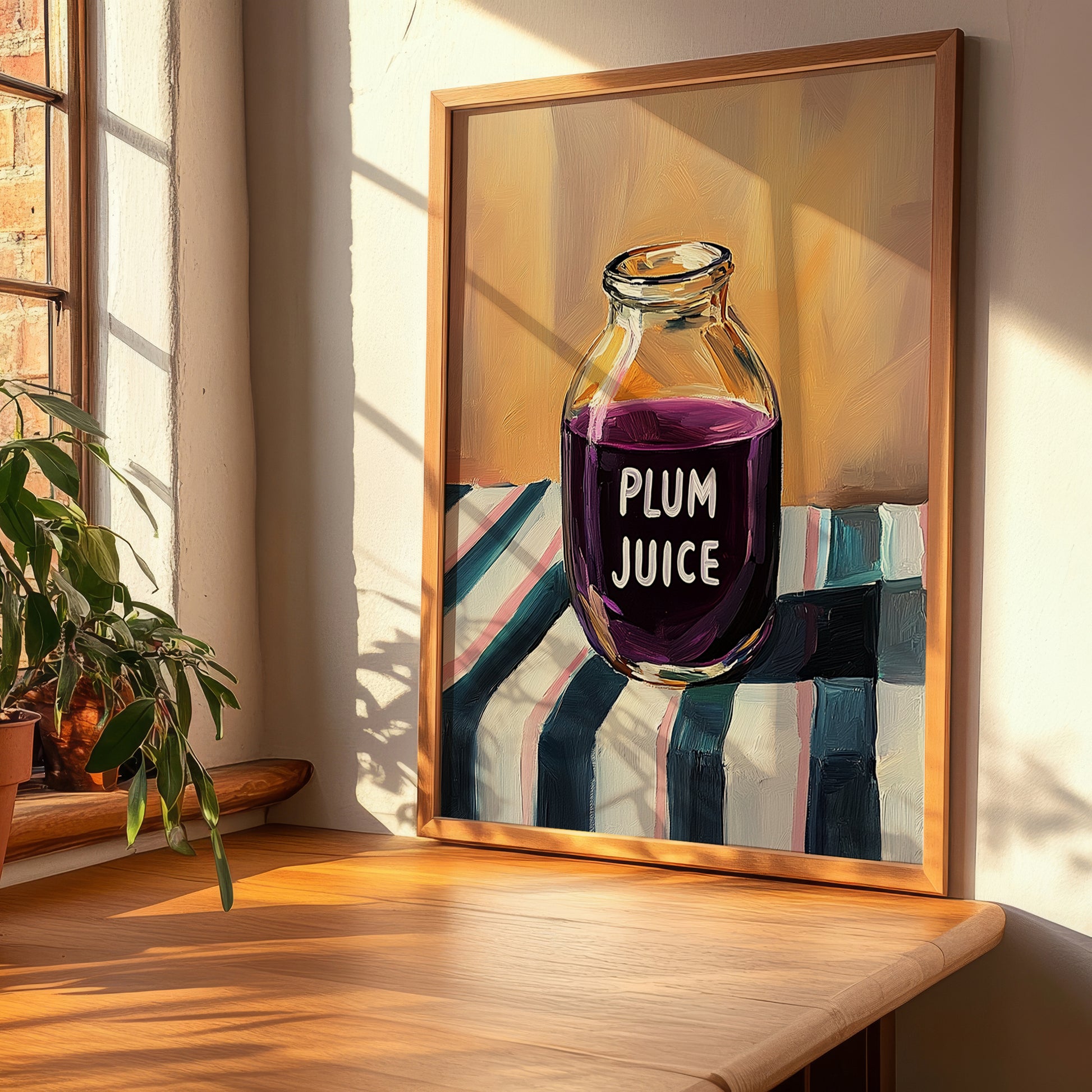Plum Juice – on Striped Tablecloth, Lemonade Still Life, clean layout with no caption