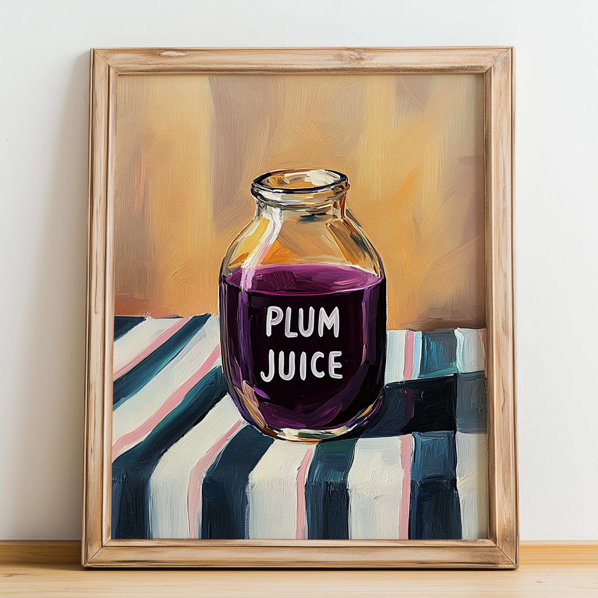 Plum Juice – on Striped Tablecloth, Lemonade Still Life, no-text version framed in wood