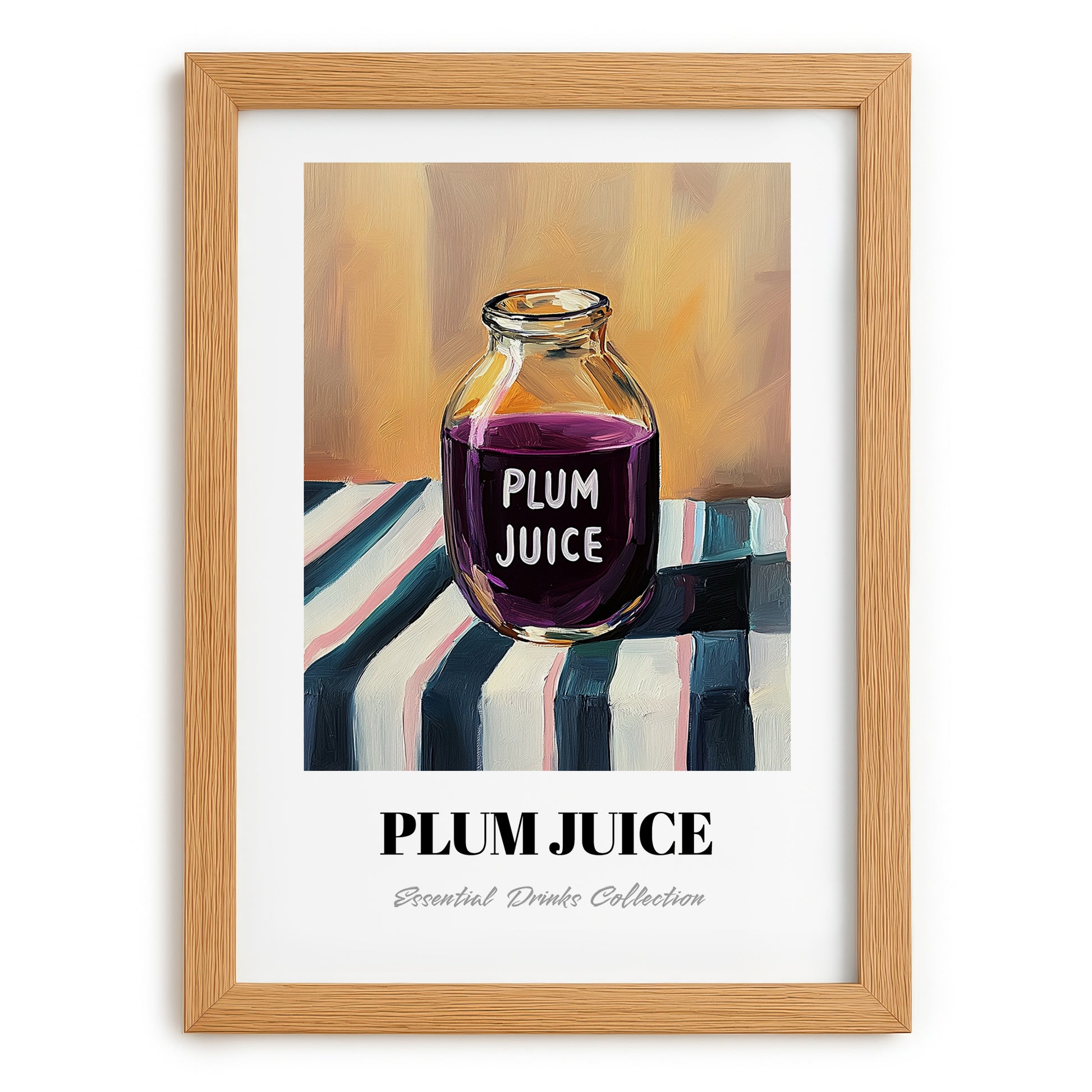 Plum Juice – on Striped Tablecloth, Lemonade Still Life, set in oak frame