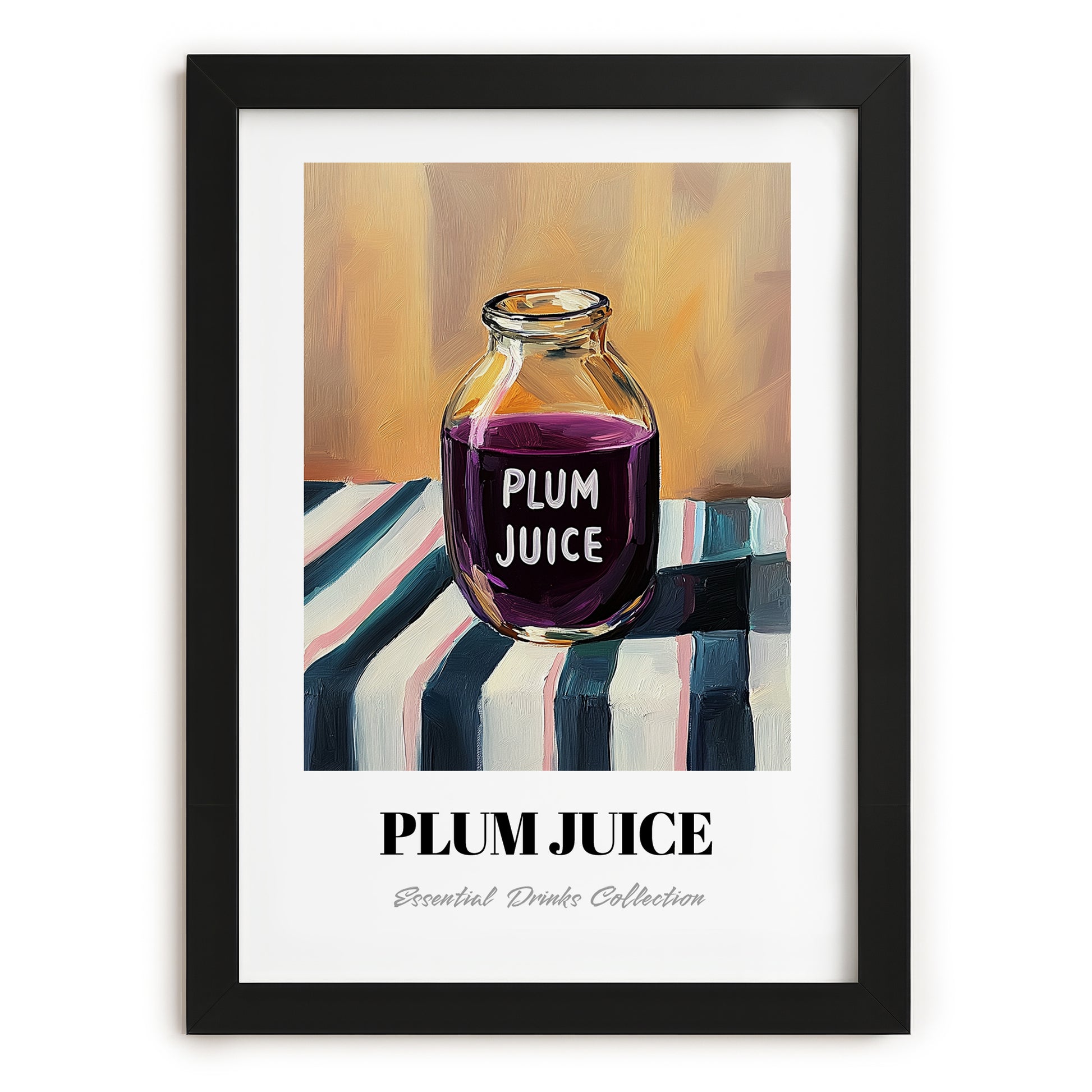 Plum Juice – on Striped Tablecloth, Lemonade Still Life, in sleek black frame