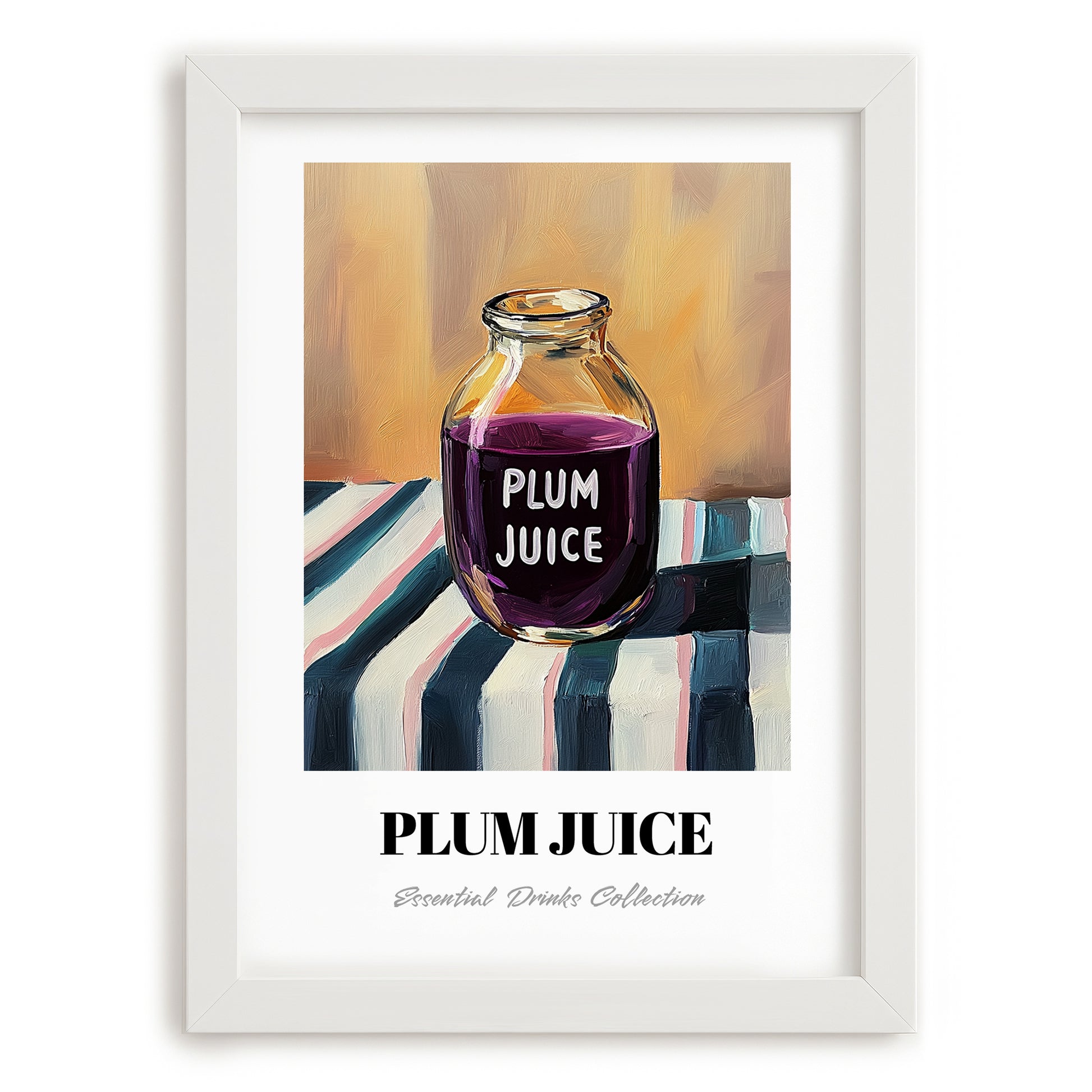 Plum Juice – on Striped Tablecloth, Lemonade Still Life, placed in minimal white frame