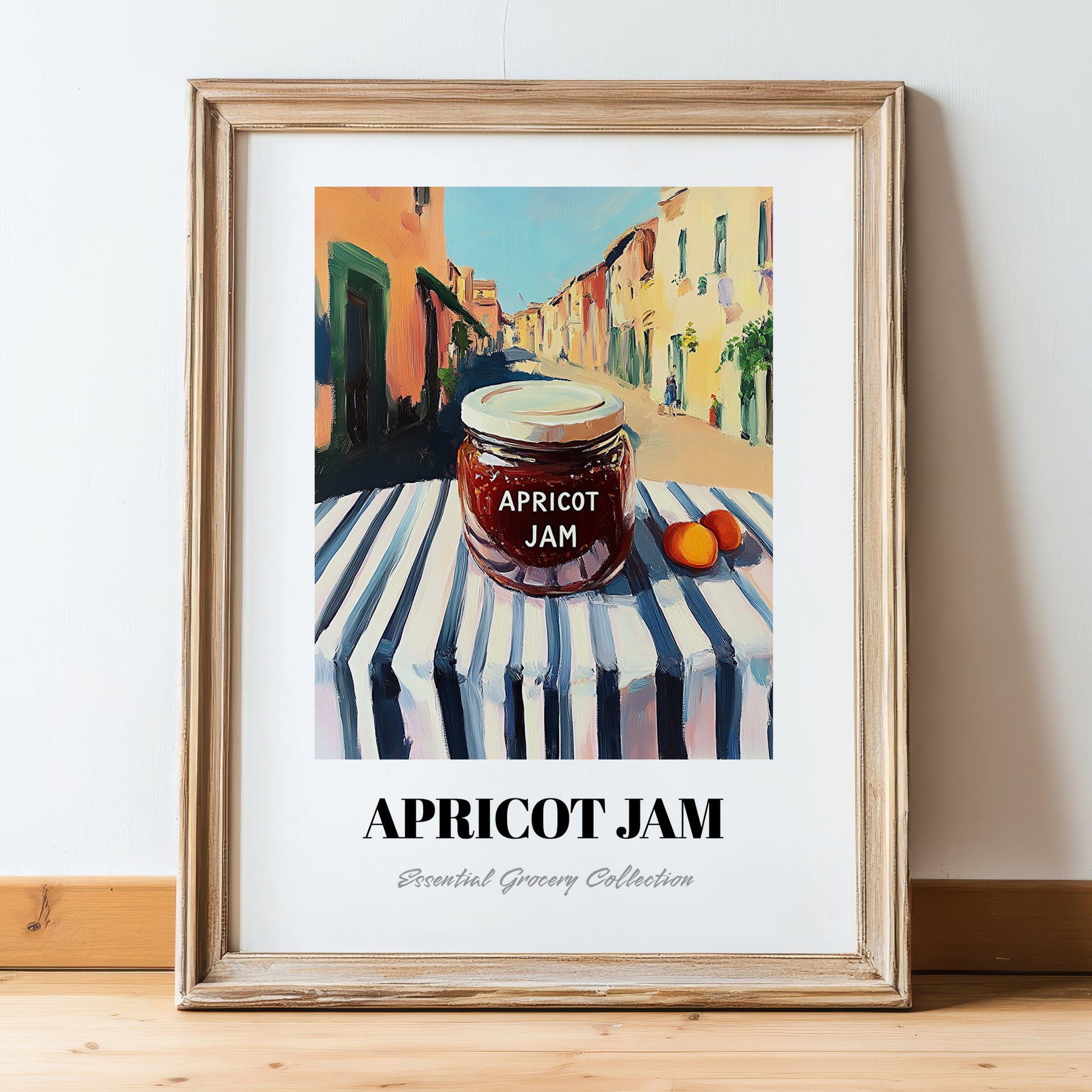 Apricot Jam – Italian Urban Café Scene, Jam Wall Decor, in wooden frame leaning on the floor