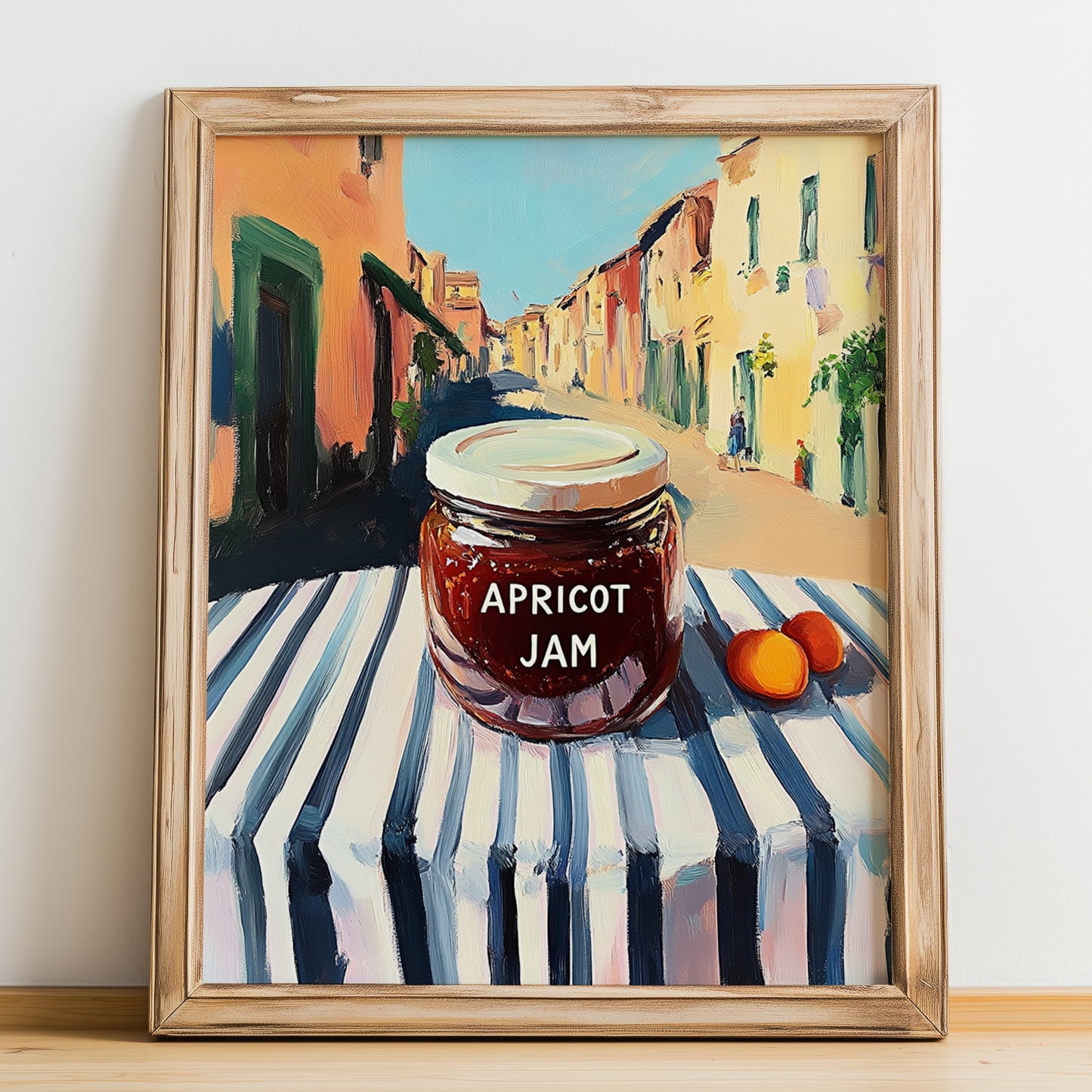 Apricot Jam – Italian Urban Café Scene, Jam Wall Decor, no-text version framed in wood