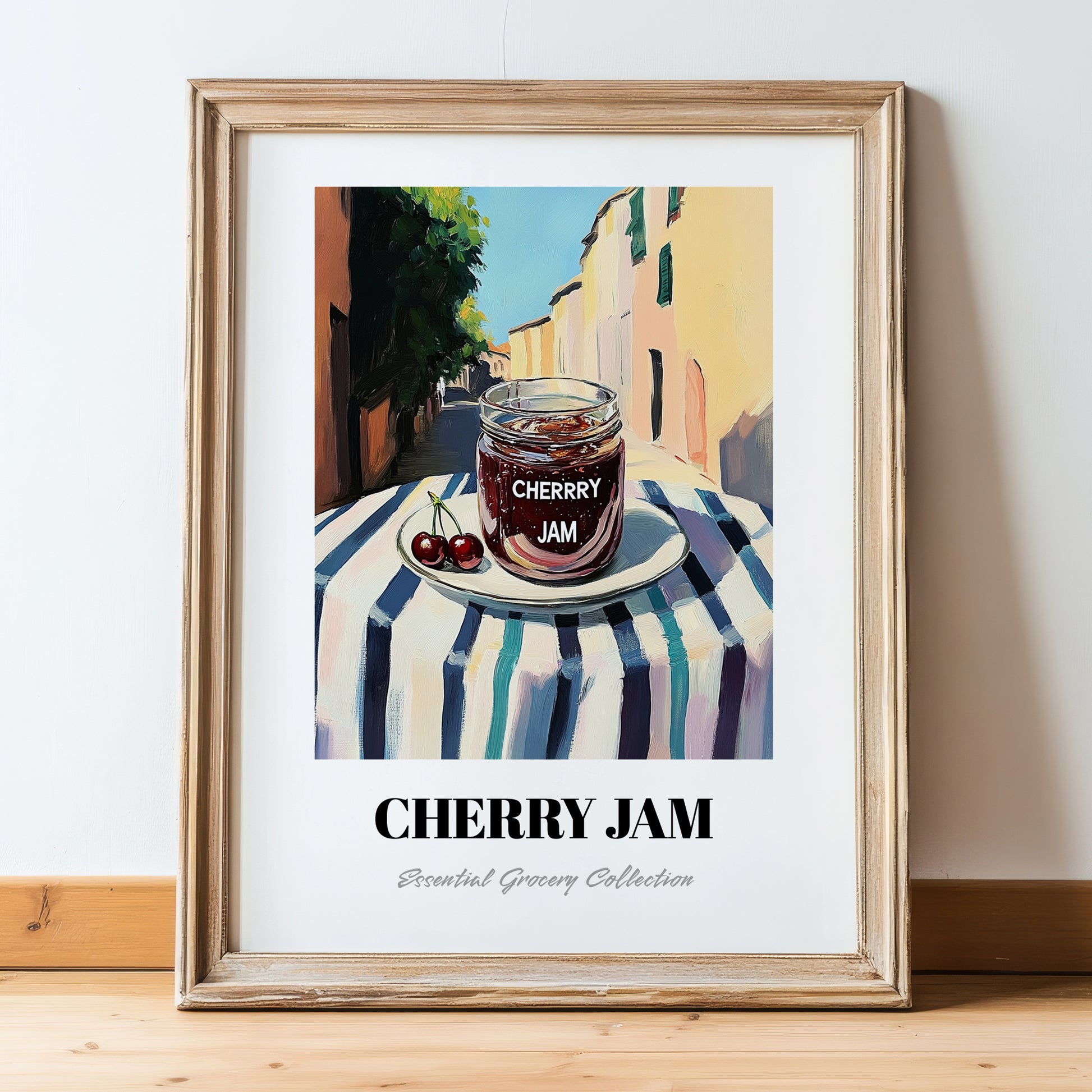 Cherry Jam – Italian Café on the Corner, Jam Painting, in wooden frame leaning on the floor