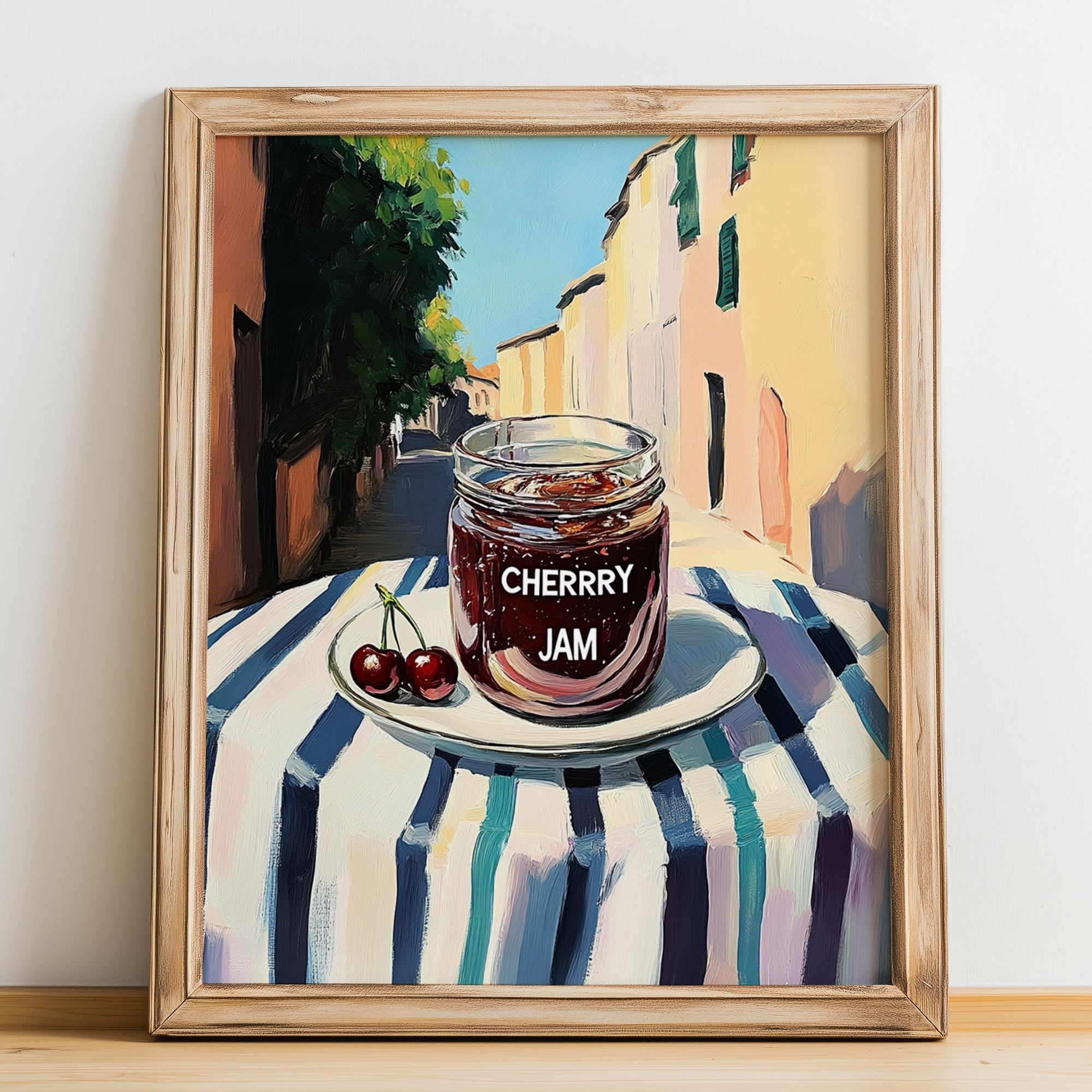 Cherry Jam – Italian Café on the Corner, Jam Painting, no-text version framed in wood