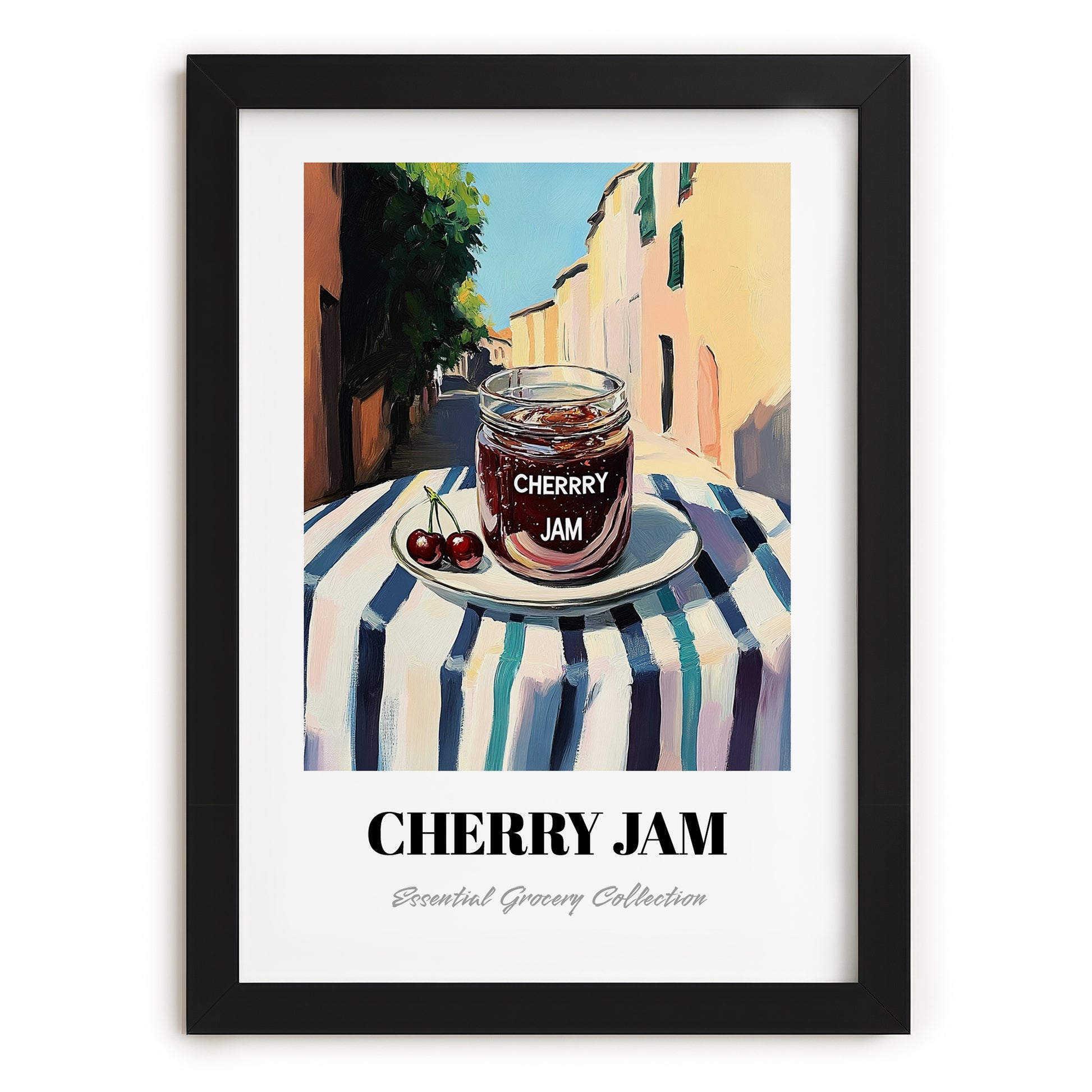 Cherry Jam – Italian Café on the Corner, Jam Painting, in sleek black frame