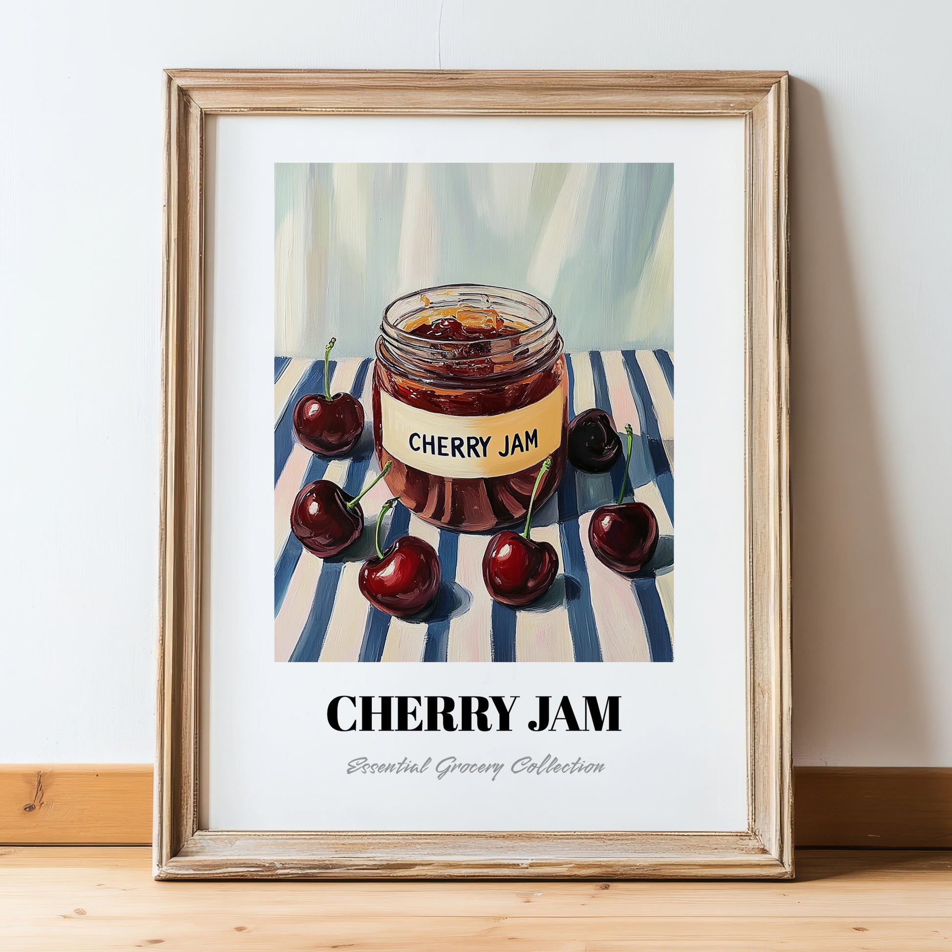 Cherry Jam – on Striped Tablecloth, Jam Art, in wooden frame leaning on the floor