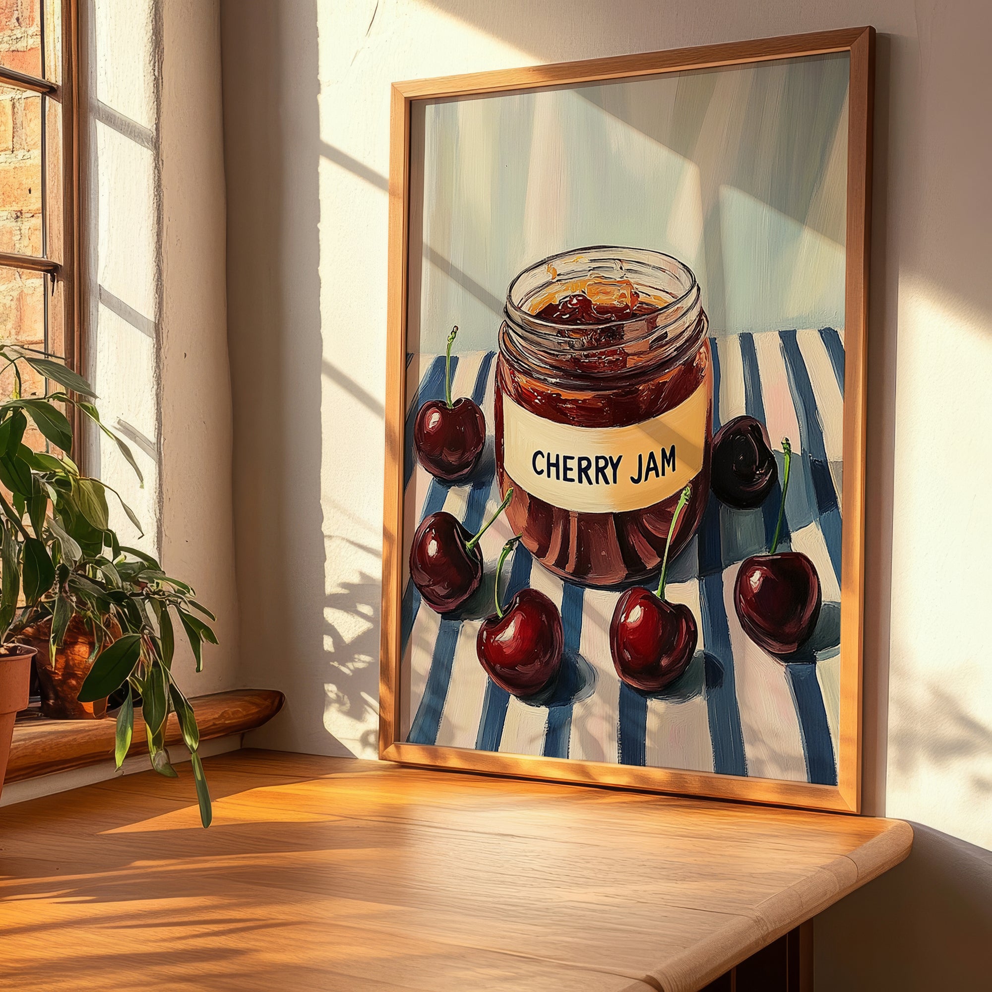Cherry Jam – on Striped Tablecloth, Jam Art, clean layout with no caption
