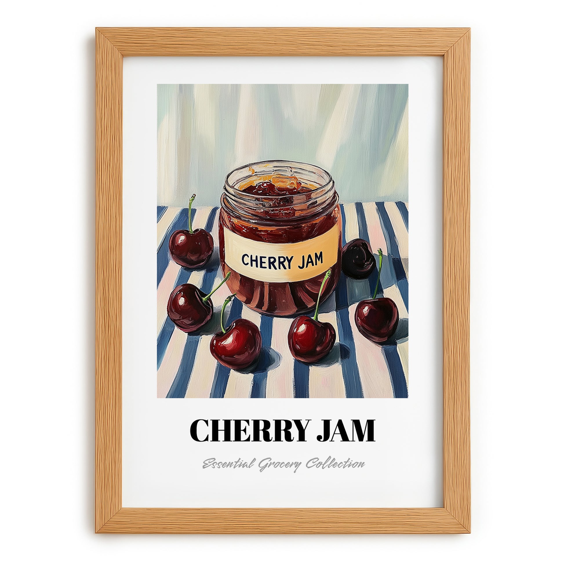 Cherry Jam – on Striped Tablecloth, Jam Art, set in oak frame