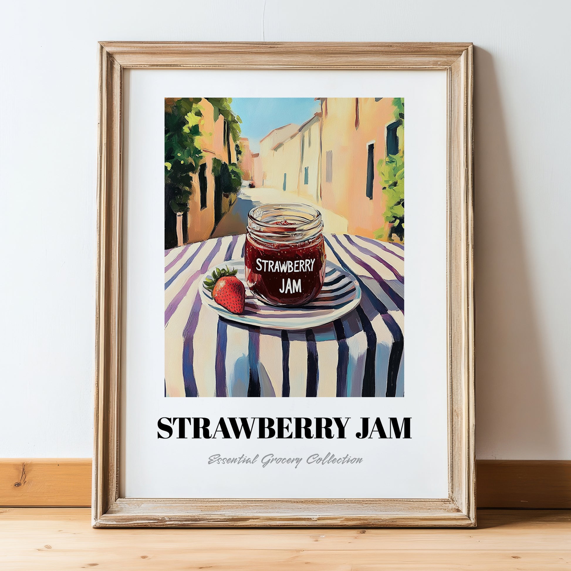 Strawberry Jam – Italian Urban Café Scene, Jam Painting, in wooden frame leaning on the floor