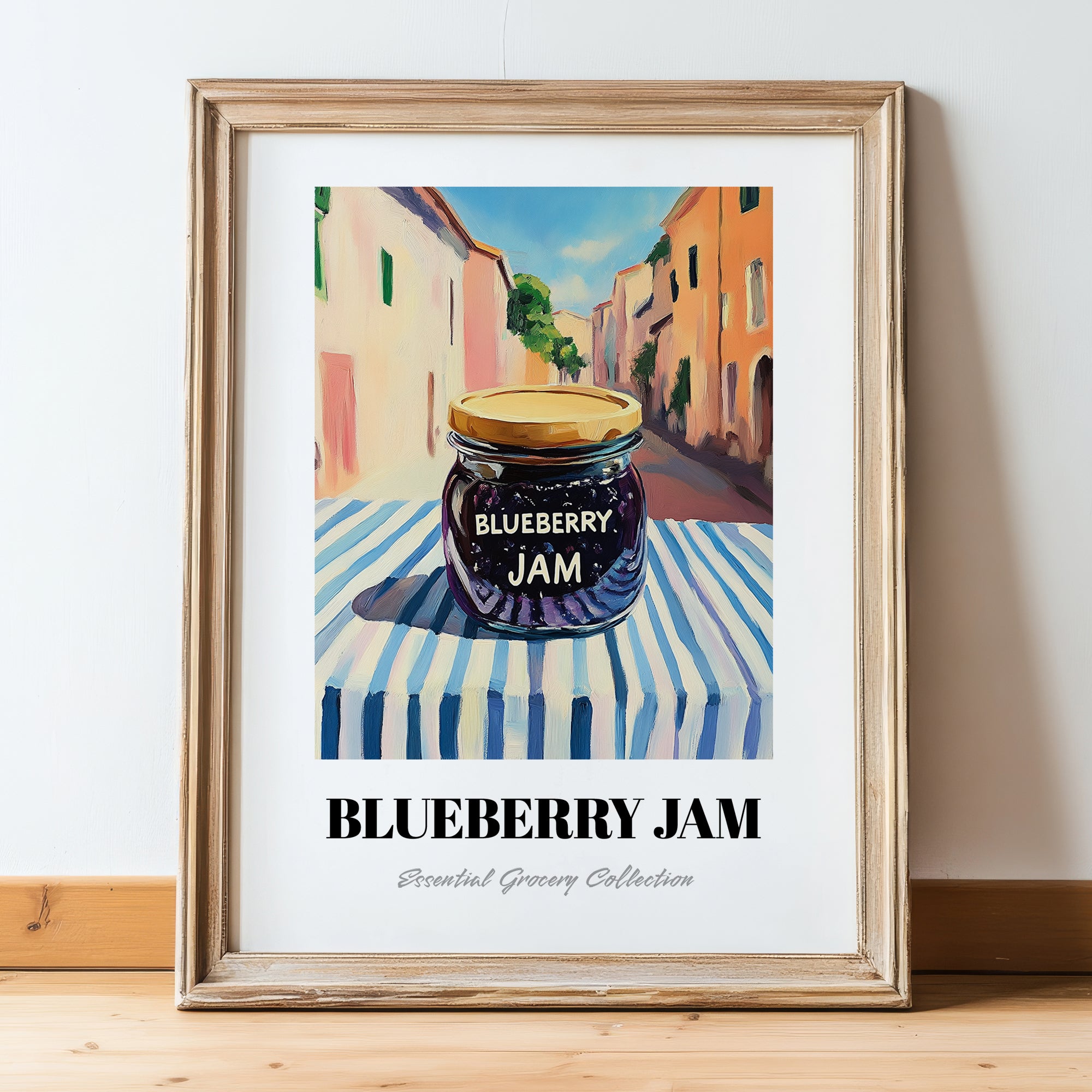 Blueberry Jam – Italian Café on the Corner, Jam Print, in wooden frame leaning on the floor