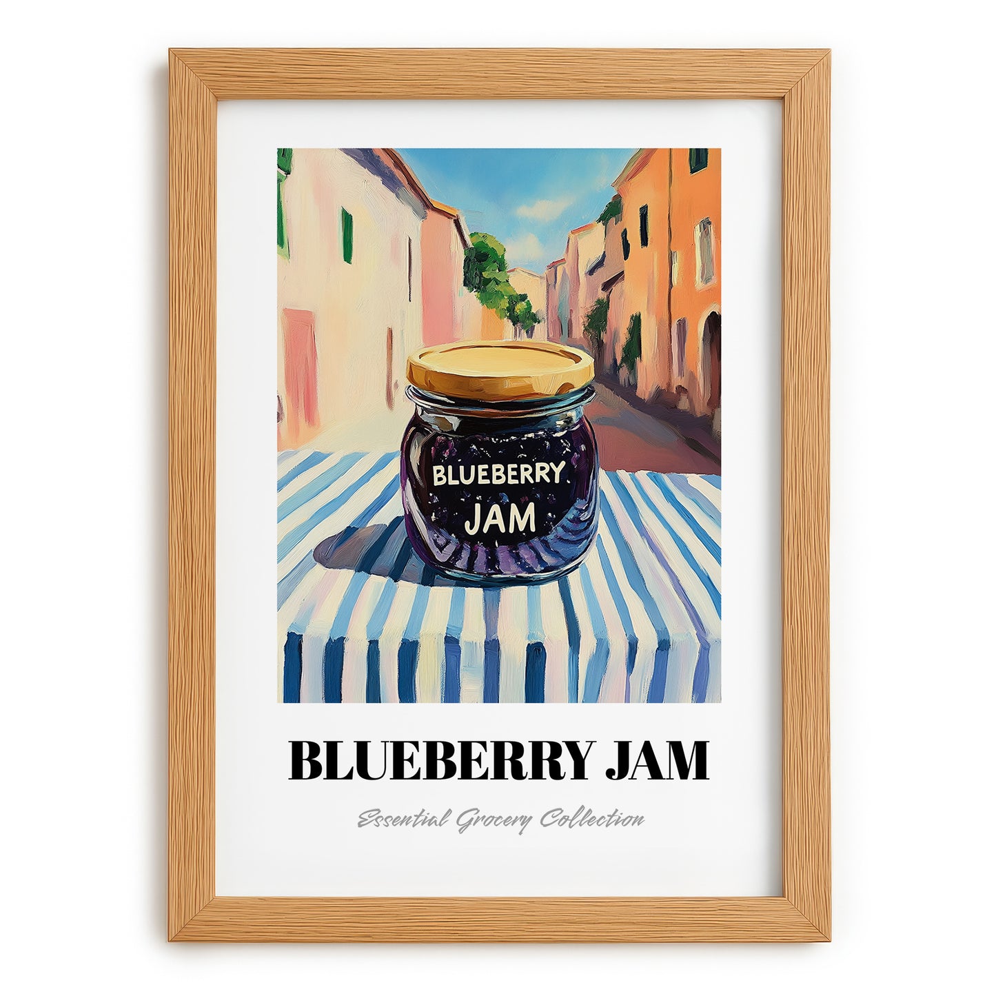 Blueberry Jam – Italian Café on the Corner, Jam Print, set in oak frame