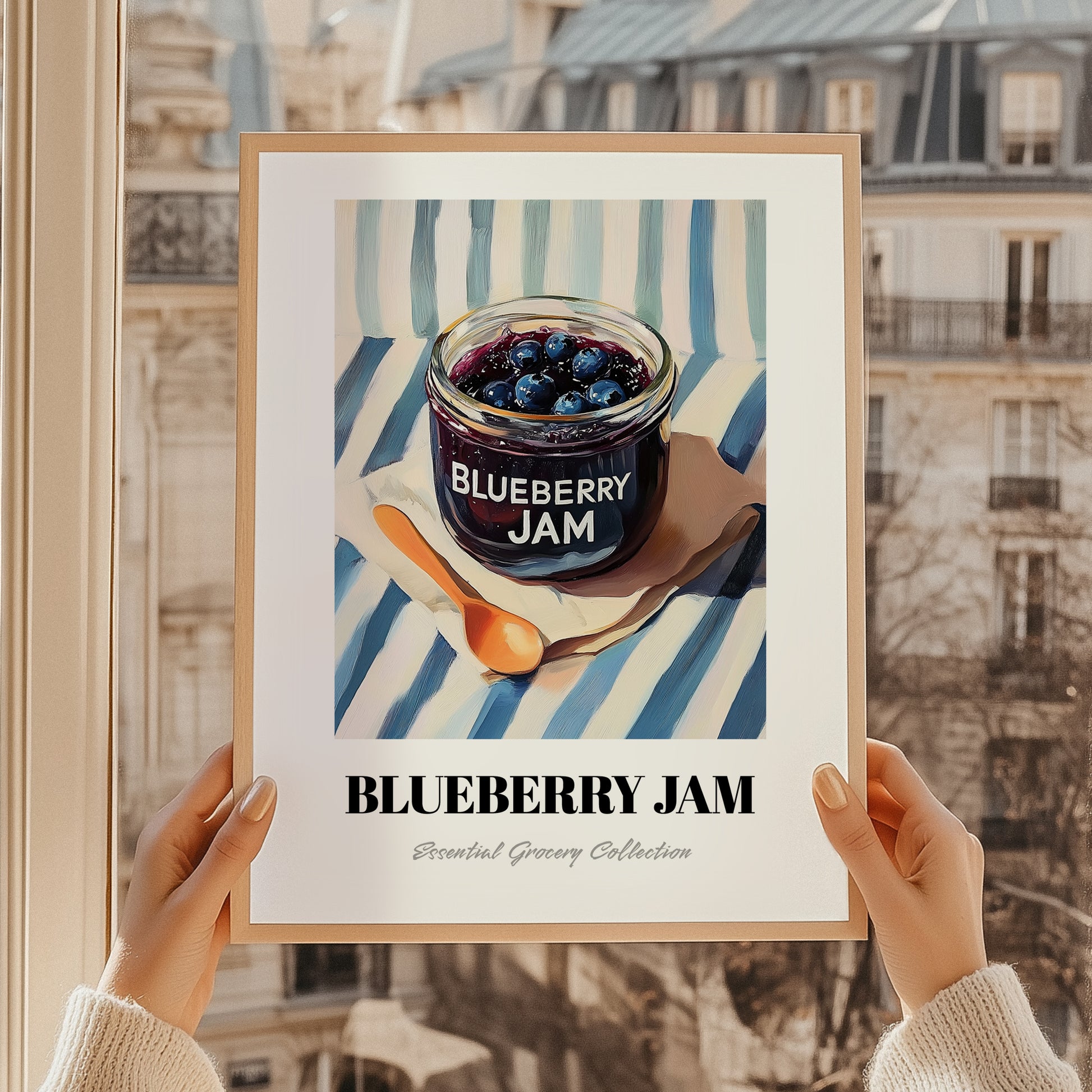 Blueberry Jam – on Striped Tablecloth, Jam Wall Decor, styled in a charming Paris street view