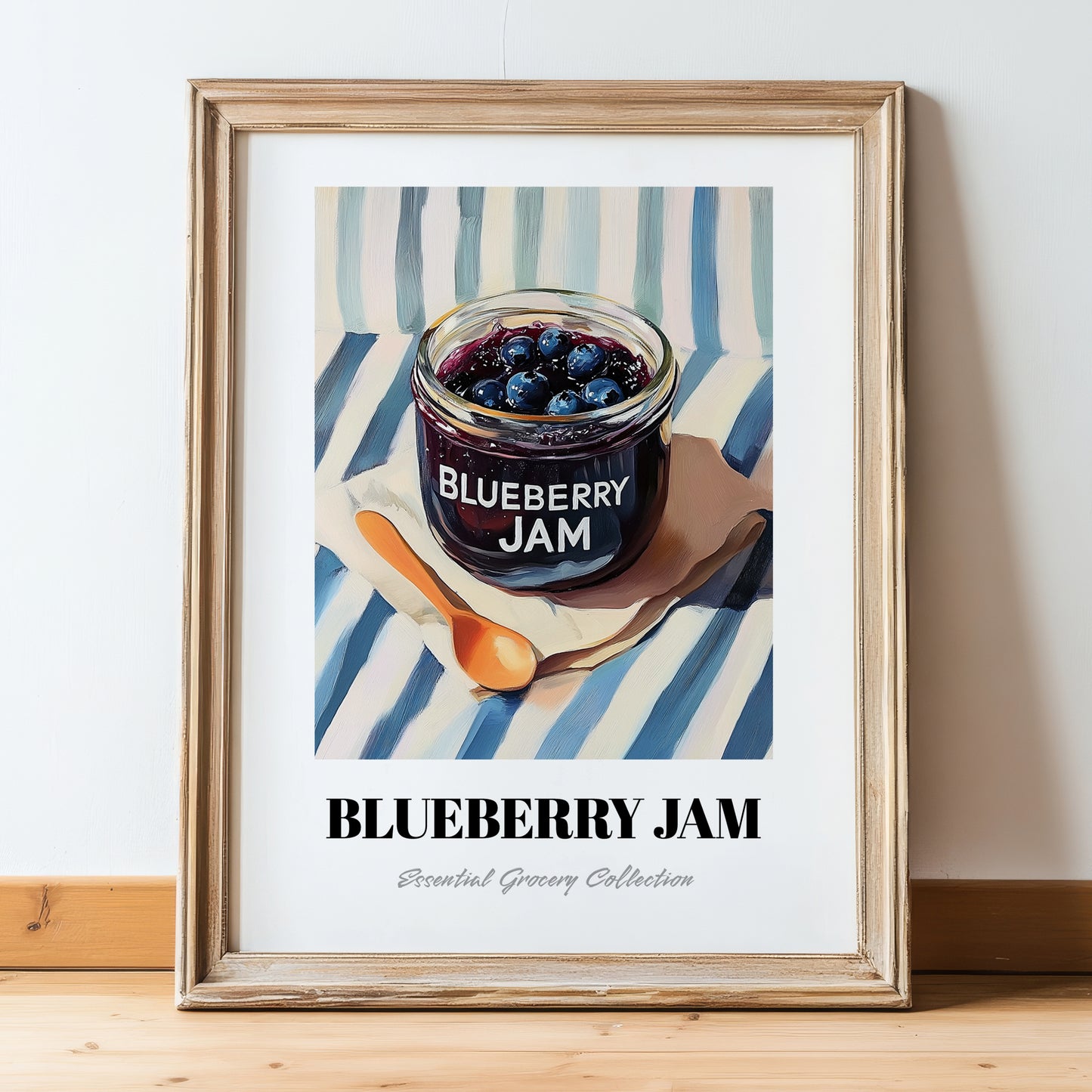 Blueberry Jam – on Striped Tablecloth, Jam Wall Decor, in wooden frame leaning on the floor