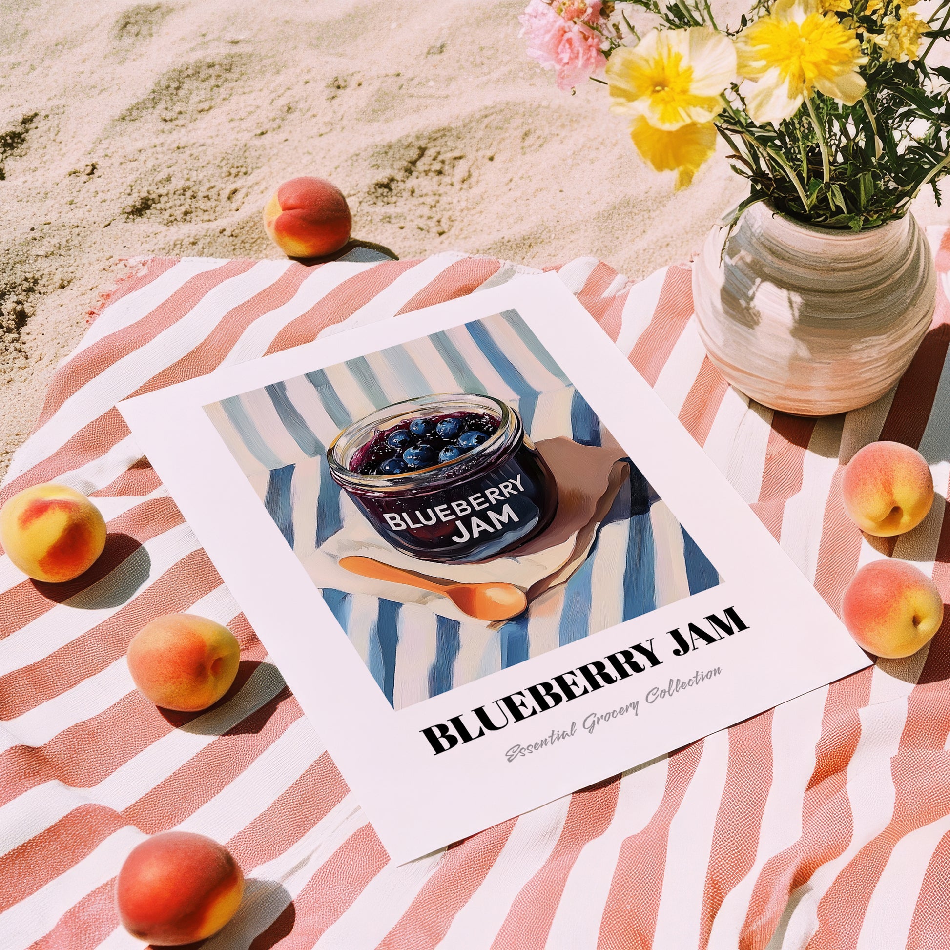 Blueberry Jam – on Striped Tablecloth, Jam Wall Decor, unframed on coastal sand