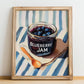 Blueberry Jam – on Striped Tablecloth, Jam Wall Decor, no-text version framed in wood