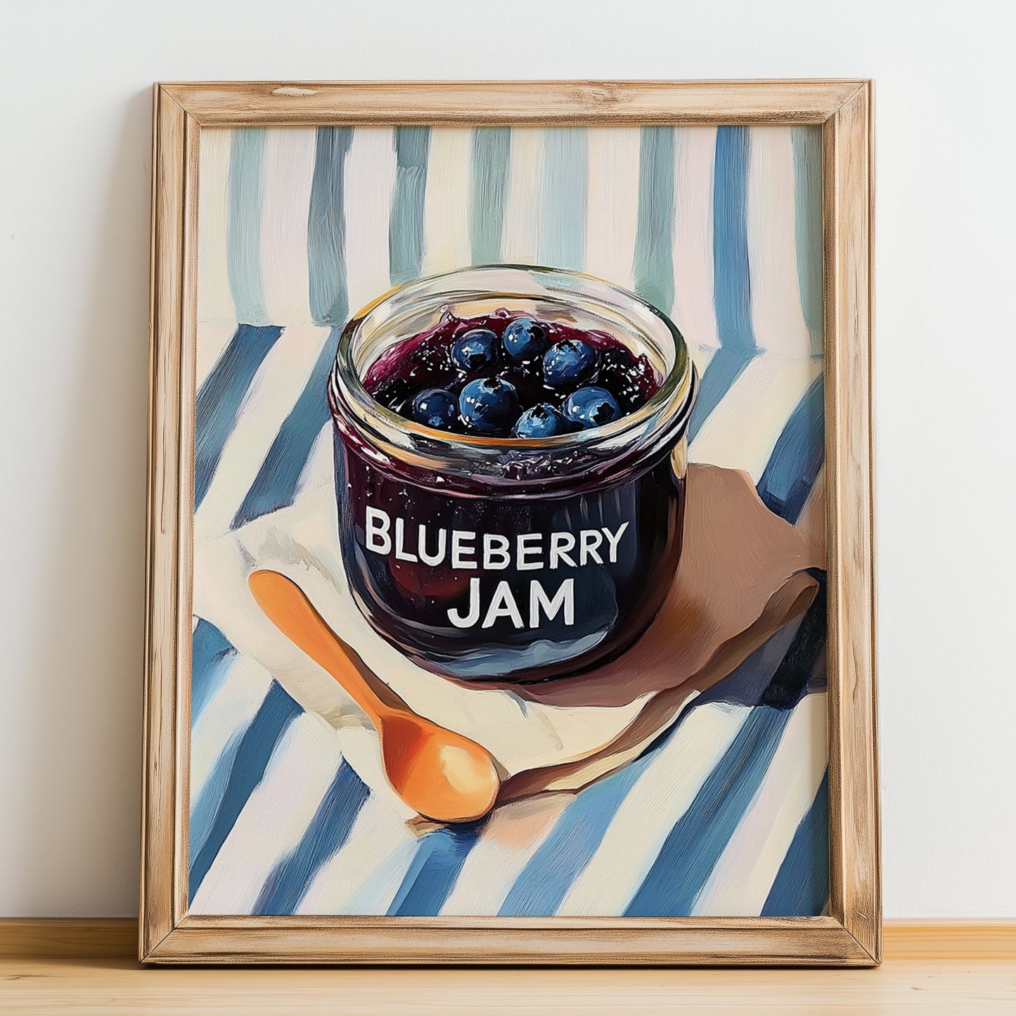 Blueberry Jam – on Striped Tablecloth, Jam Wall Decor, no-text version framed in wood