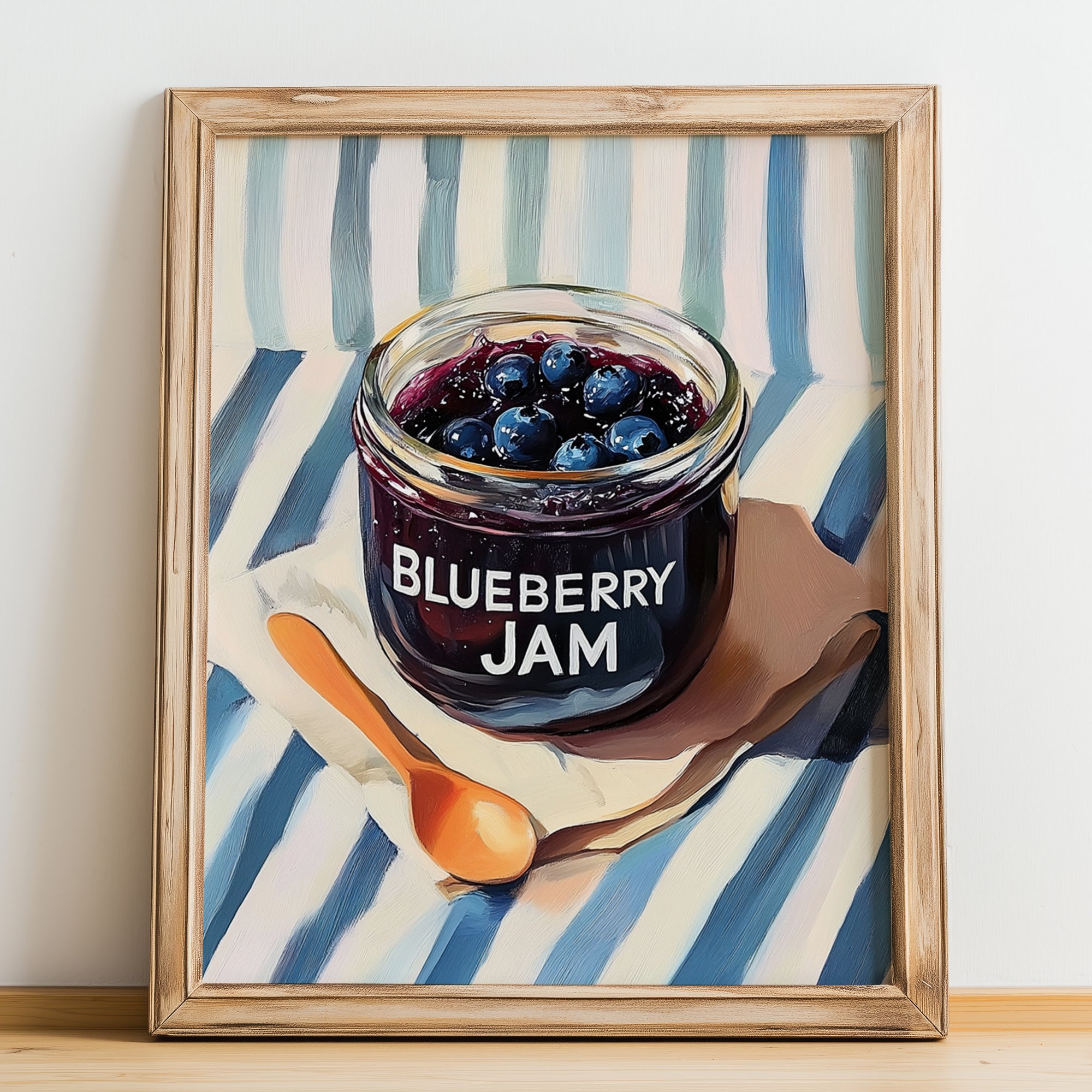 Blueberry Jam – on Striped Tablecloth, Jam Wall Decor, no-text version framed in wood