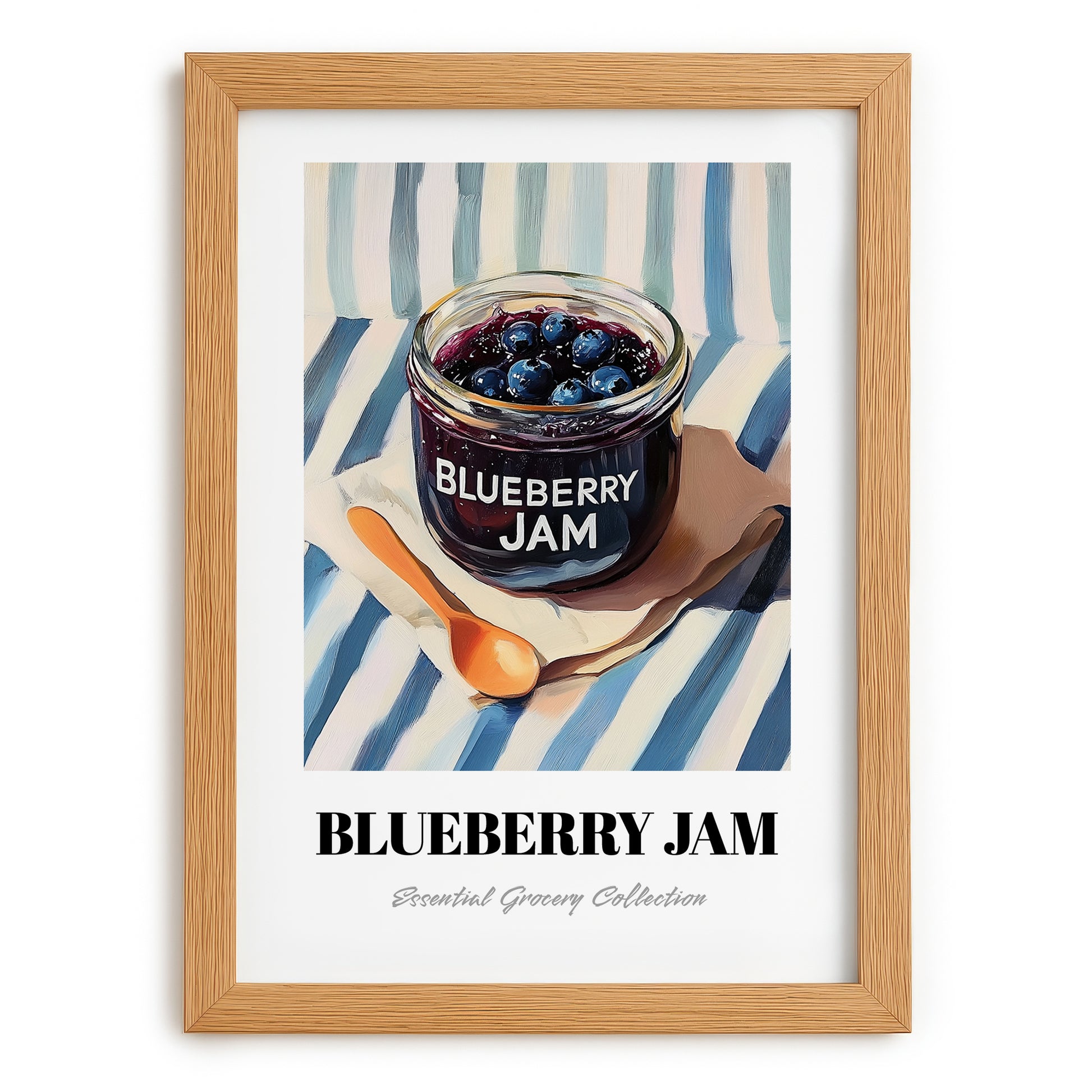 Blueberry Jam – on Striped Tablecloth, Jam Wall Decor, set in oak frame